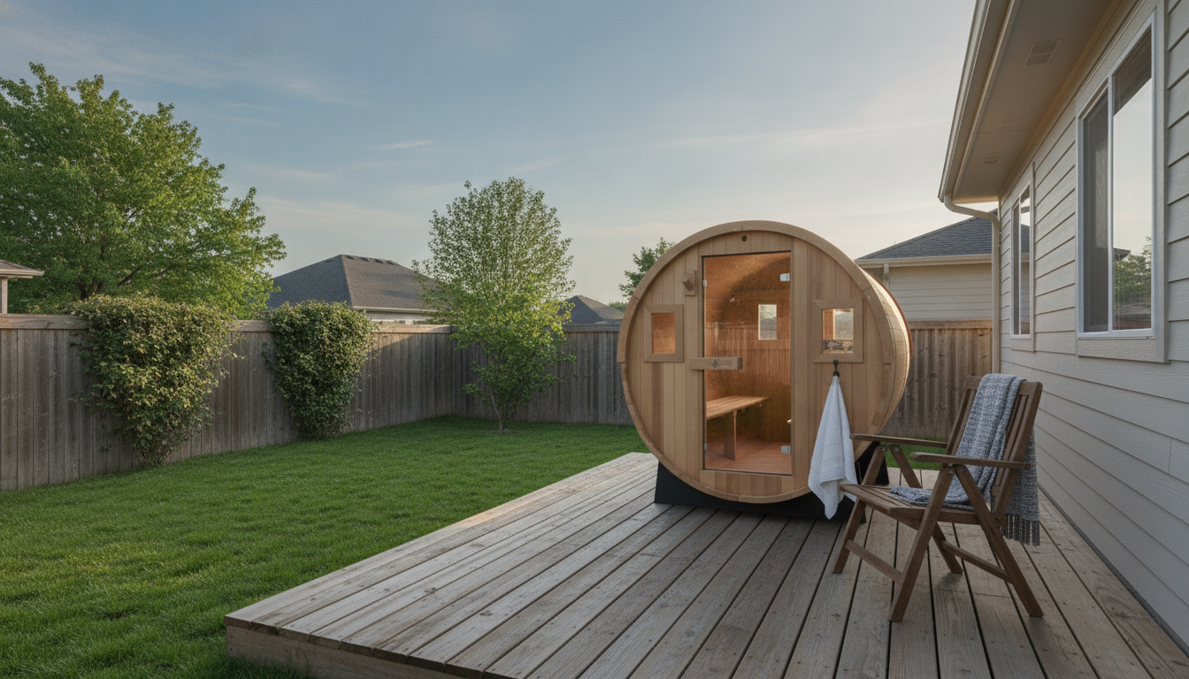 Redwood Outdoors barrel sauna on a backyard deck beside a house
