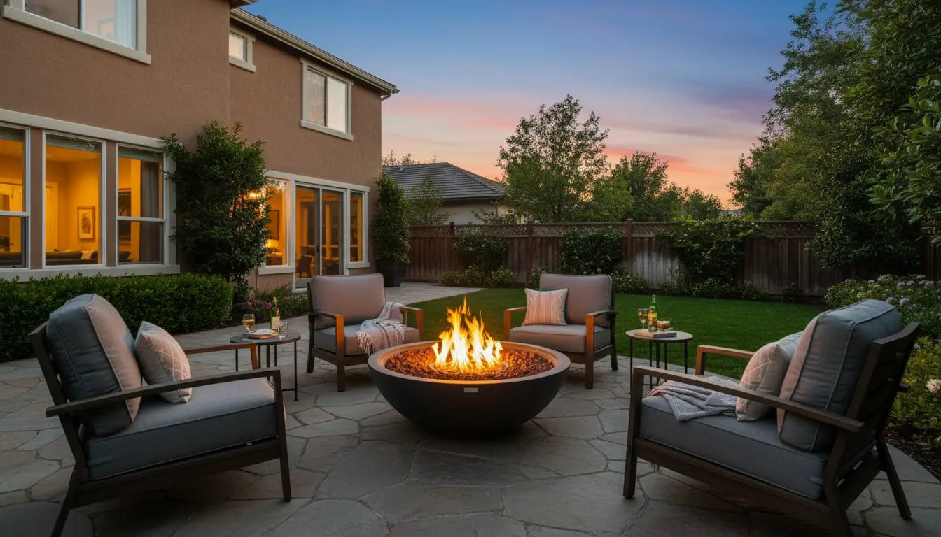 Round concrete gas fire pit table as the centerpiece of a backyard patio