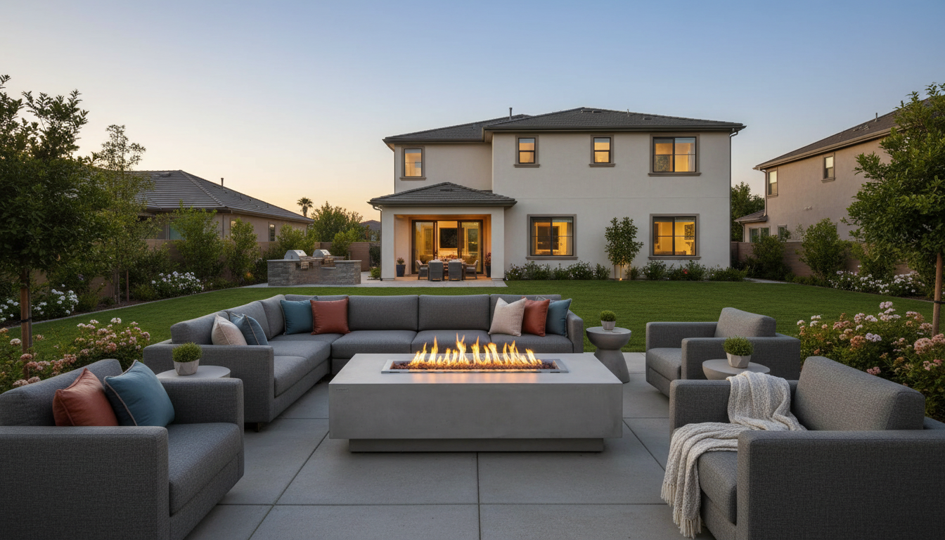 Large concrete fire pit table on a spacious backyard patio with seating