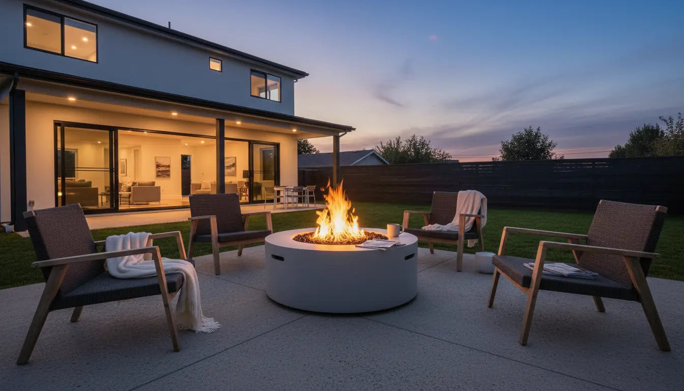 Round steel gas fire pit table on a stylish backyard patio at dusk
