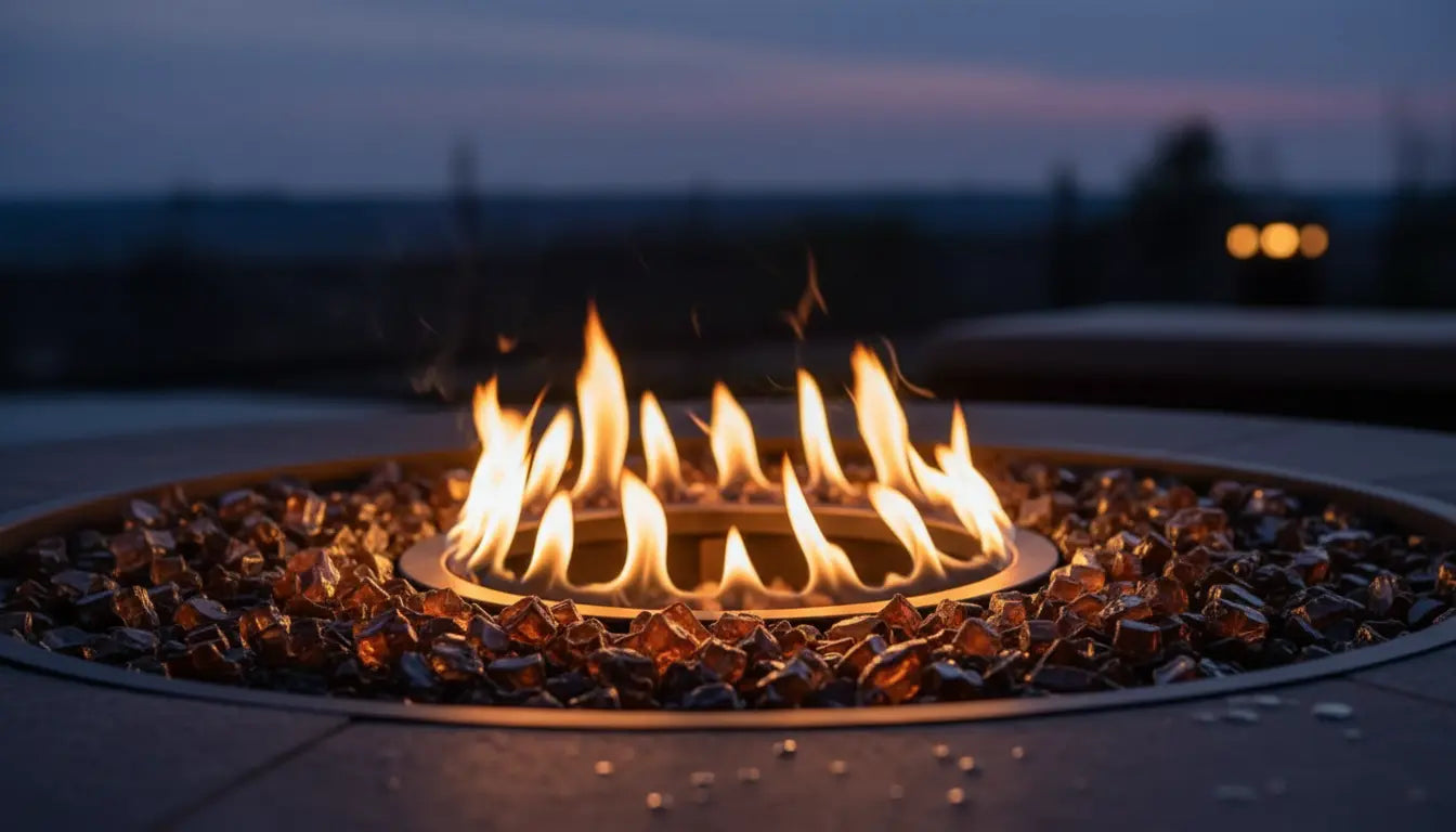 Gas fire pit burner filled with glowing copper fire glass