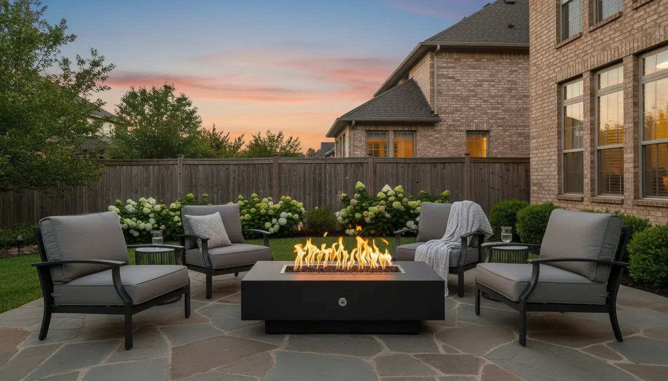 Rectangular black steel gas fire pit table on a backyard patio
