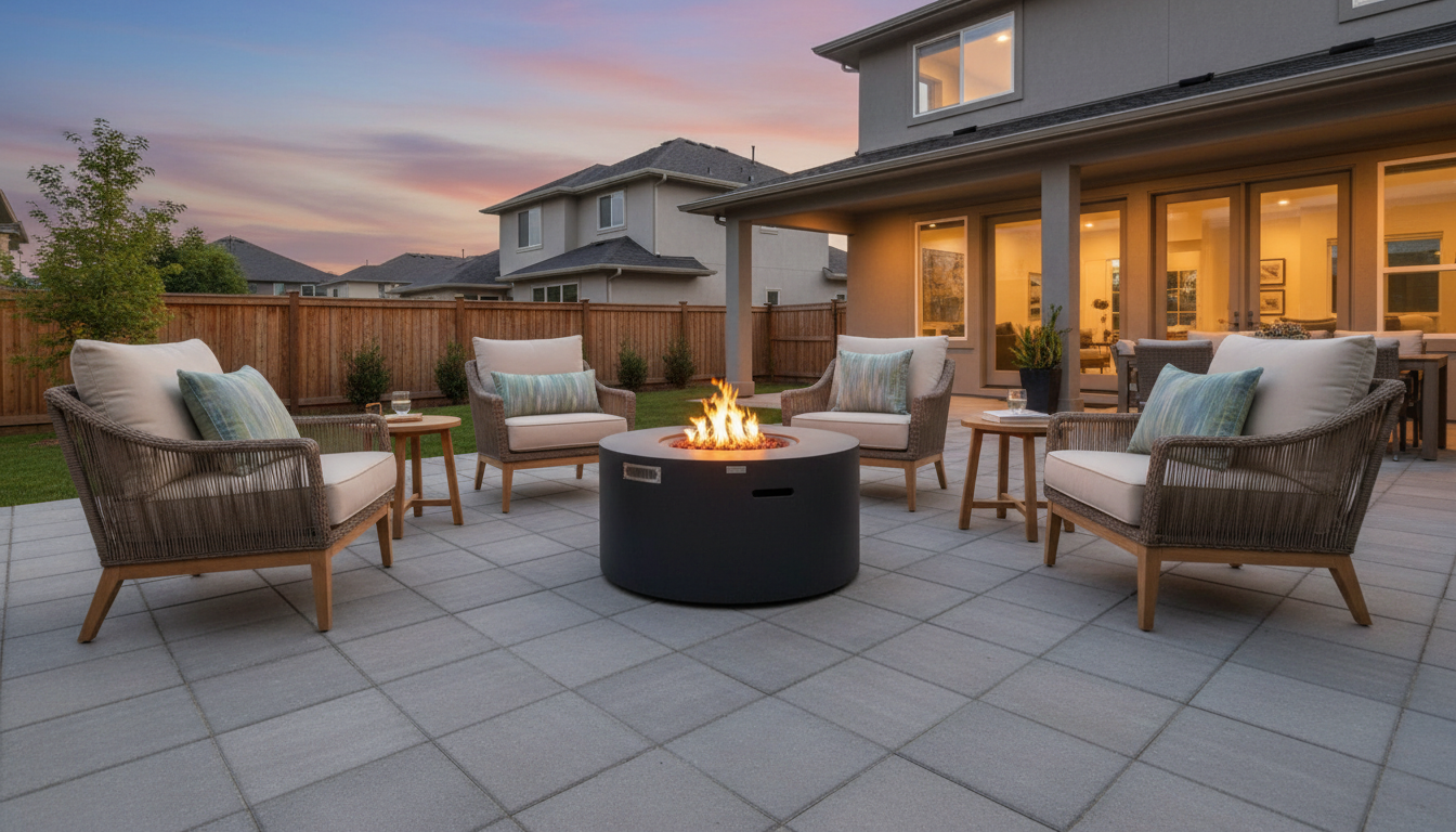 Round concrete propane fire pit table centered in a backyard seating area