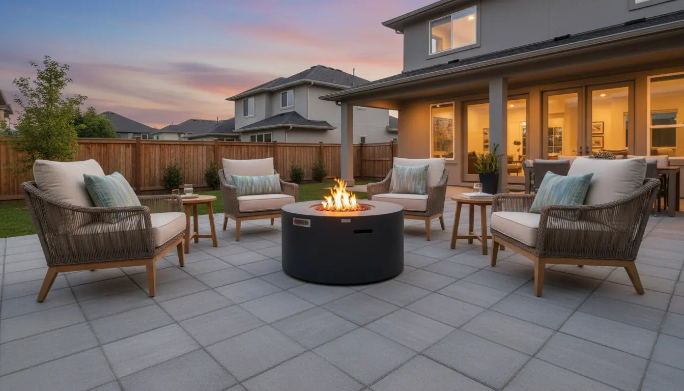 Round concrete propane fire pit table centered in a backyard seating area