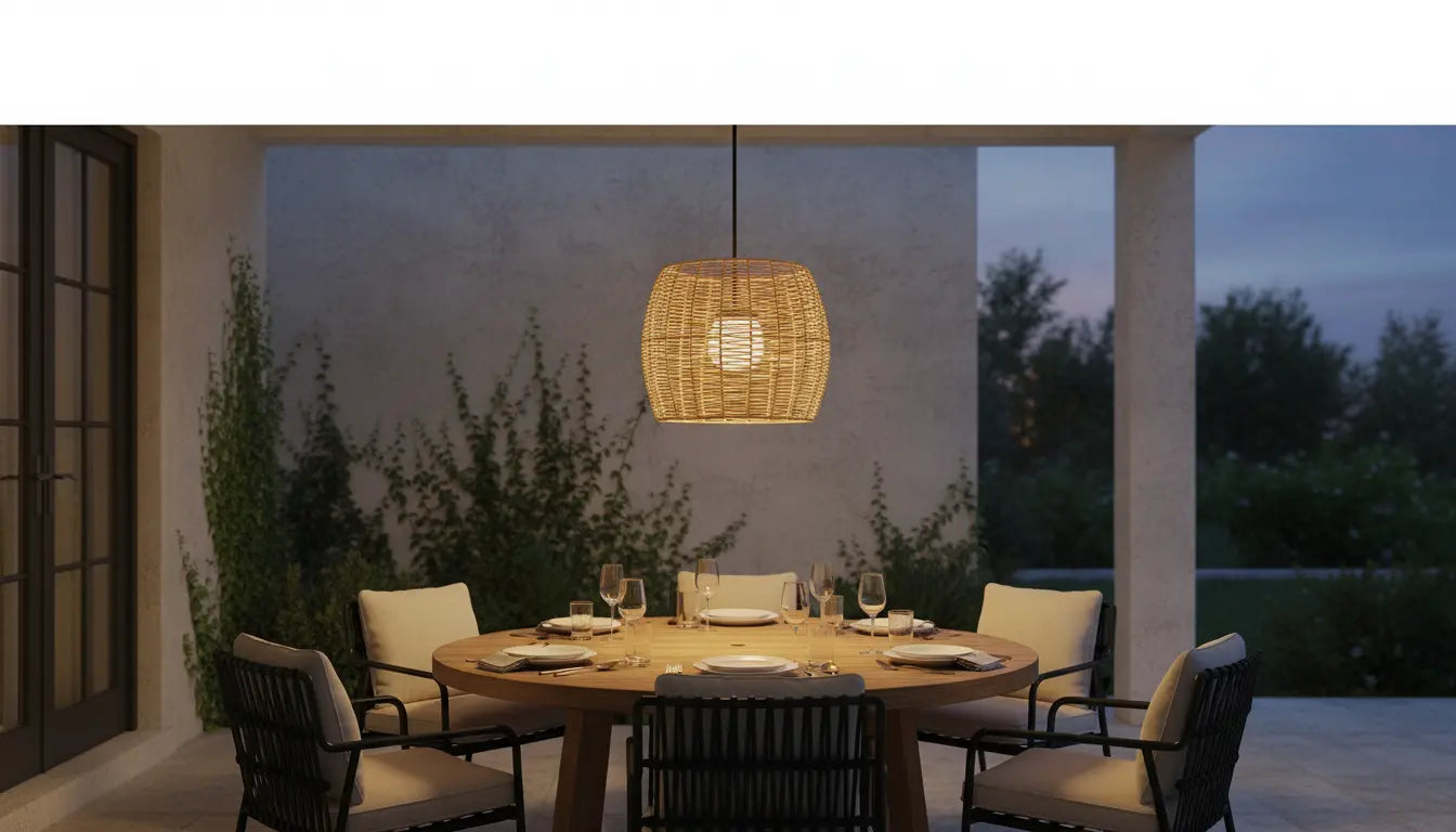 Black LED outdoor pendant light over a covered patio dining table at dusk