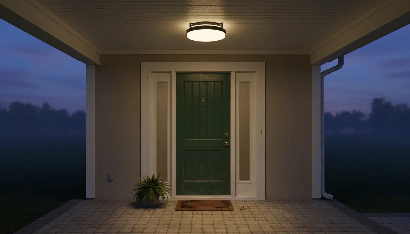 Black LED outdoor flush mount glowing on a covered porch ceiling