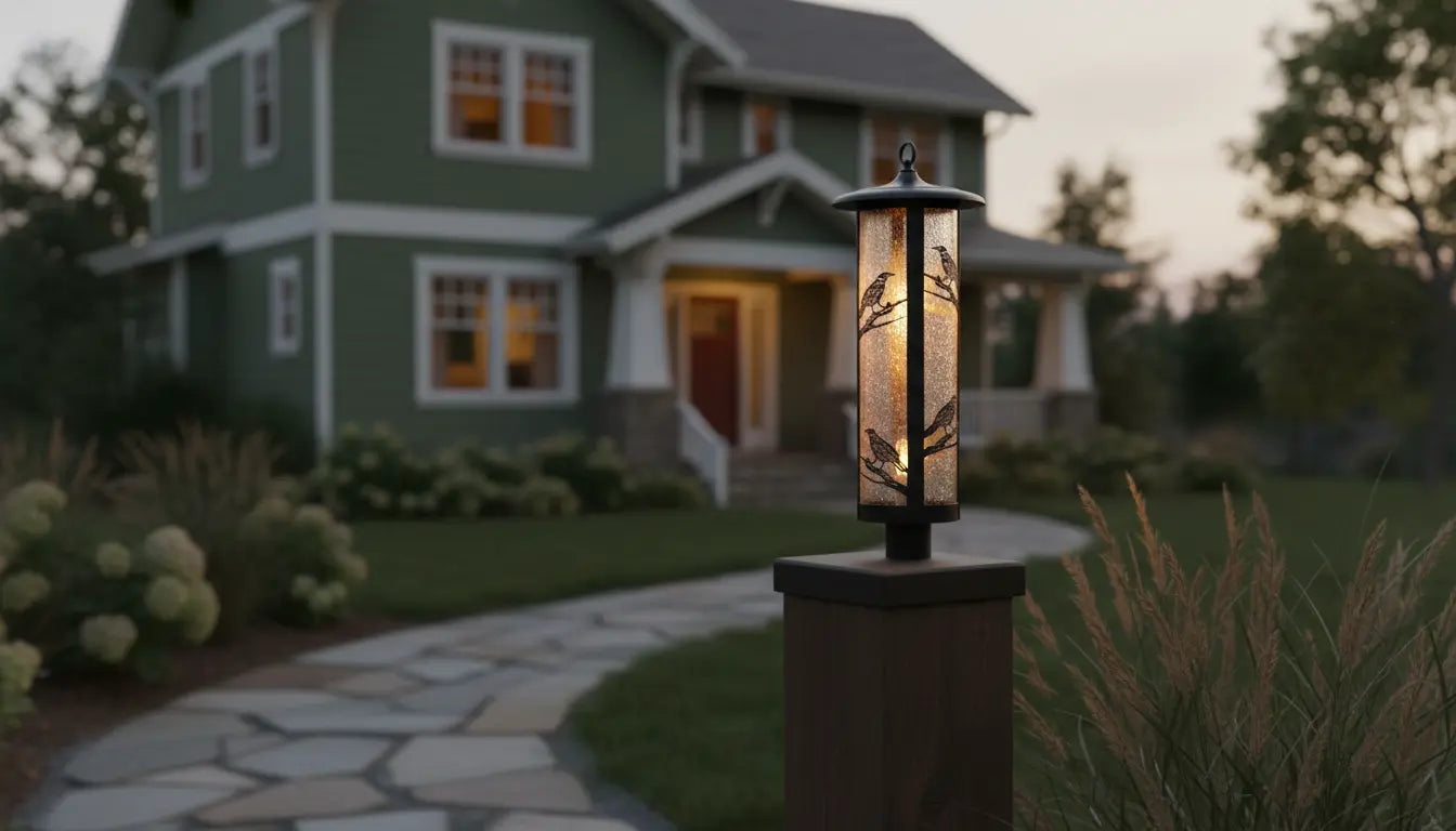 Bronze craftsman post-mount lantern at the end of a front walkway at dusk