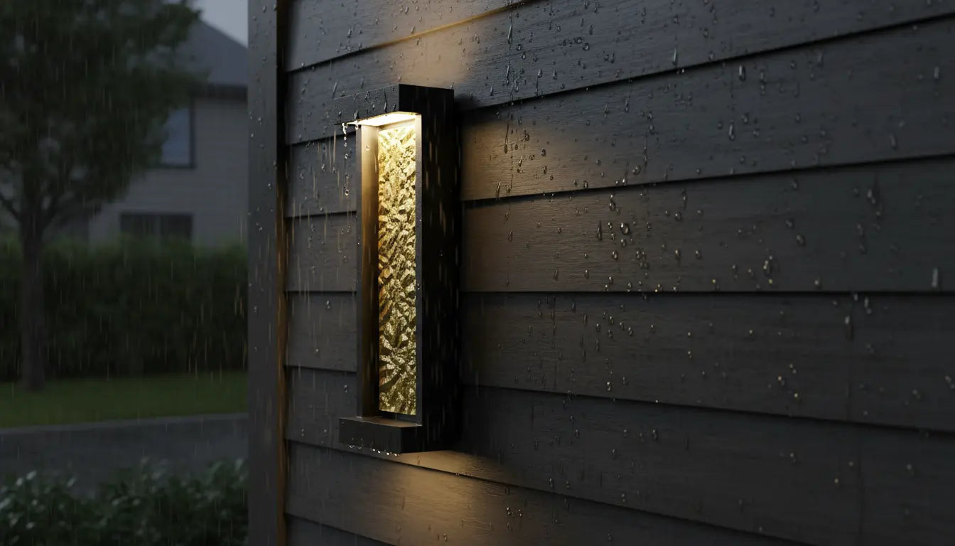 Wet-rated outdoor wall sconce mounted on an exposed house wall in the rain