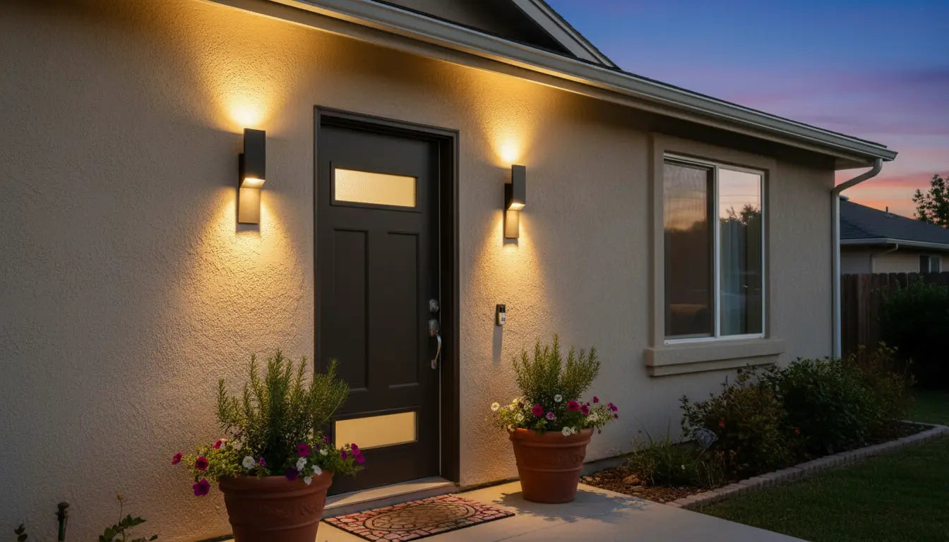 Pair of outdoor wall sconces glowing on either side of a front entry door at dusk