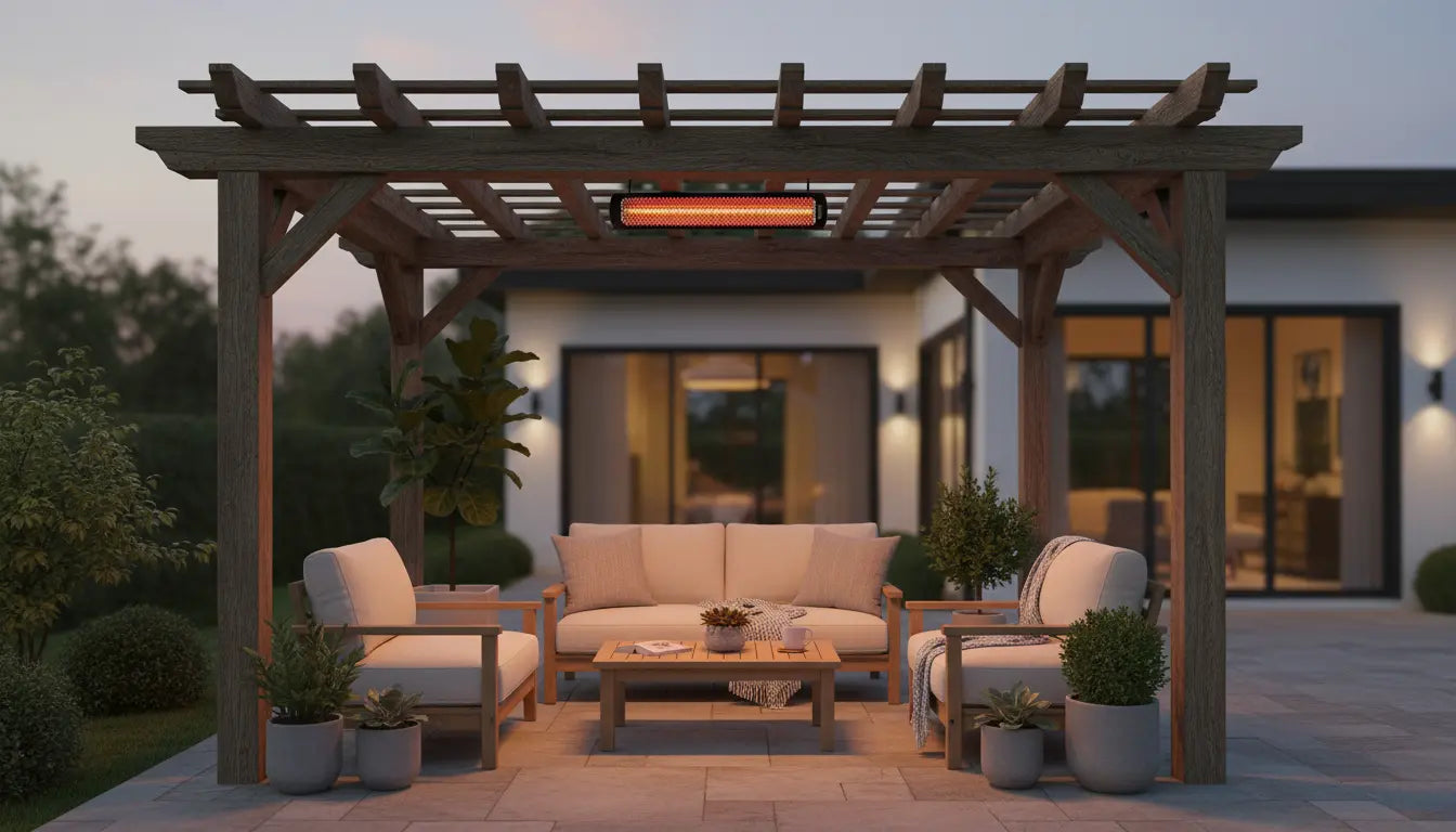 Black Bromic electric patio heater mounted under a pergola over a patio at dusk