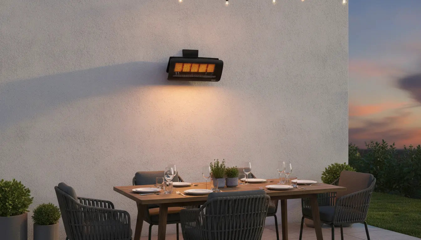 Black Bromic gas patio heater wall-mounted above an outdoor dining table