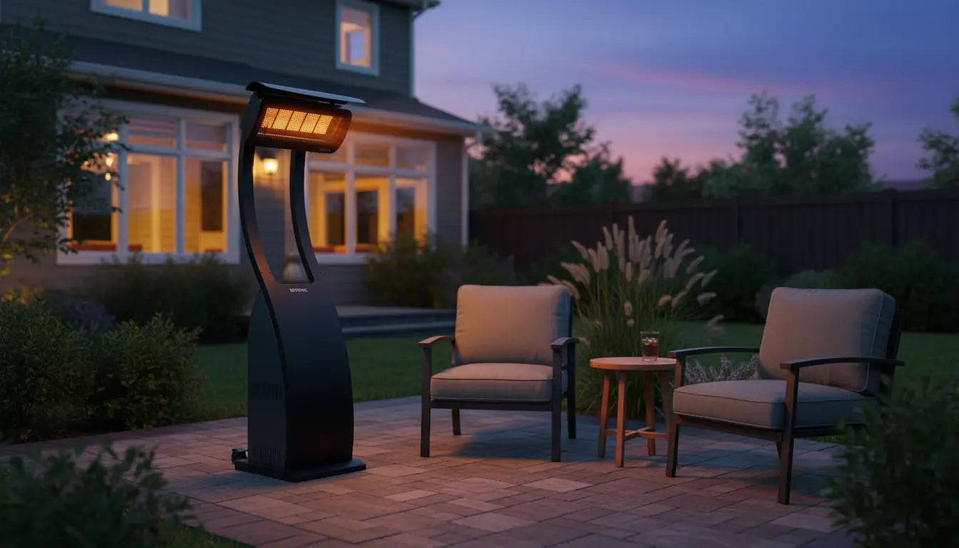 Black Bromic freestanding portable gas patio heater on a backyard patio at dusk