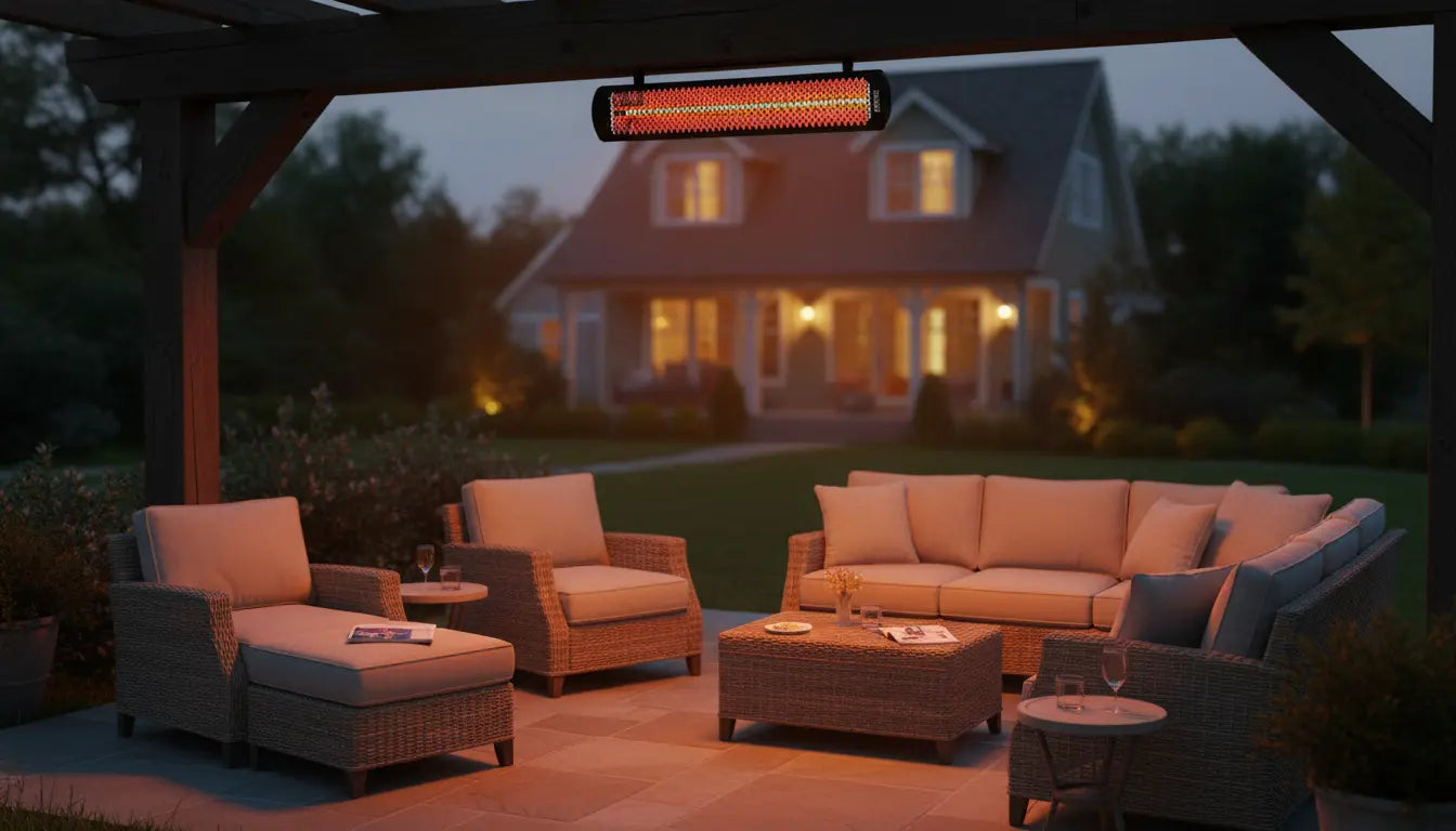 Bromic electric patio heater mounted over a large patio seating area casting warmth