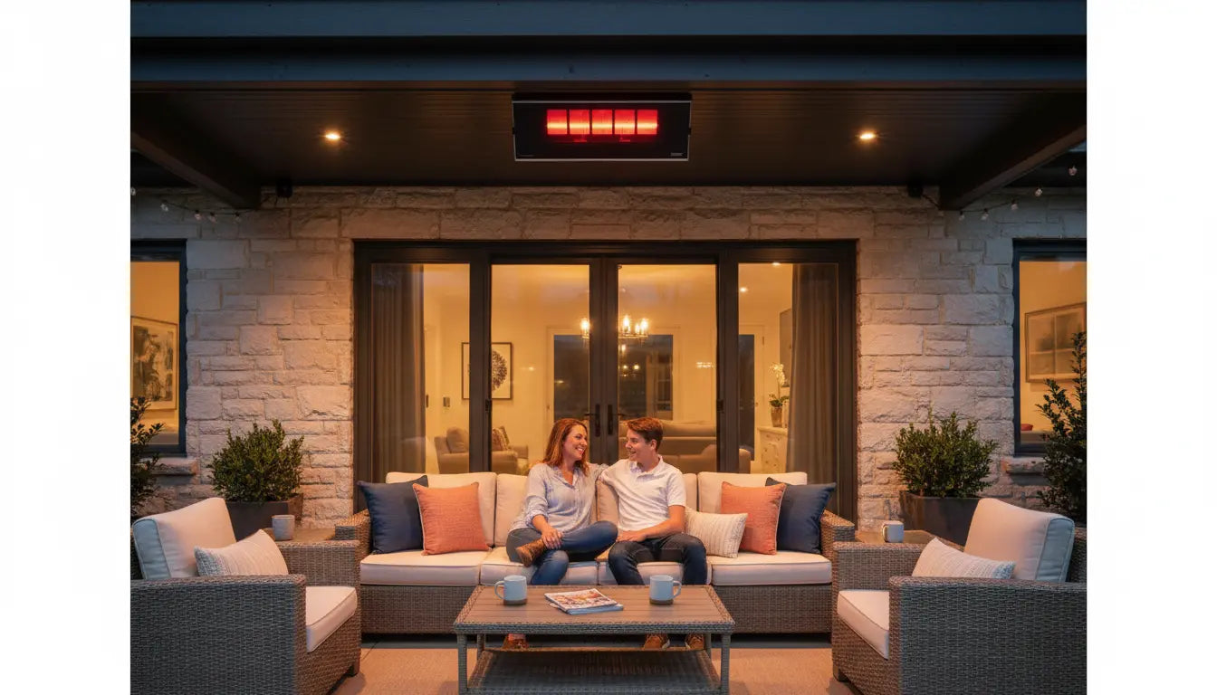 Bromic gas patio heater mounted under a covered porch ceiling over a seating area