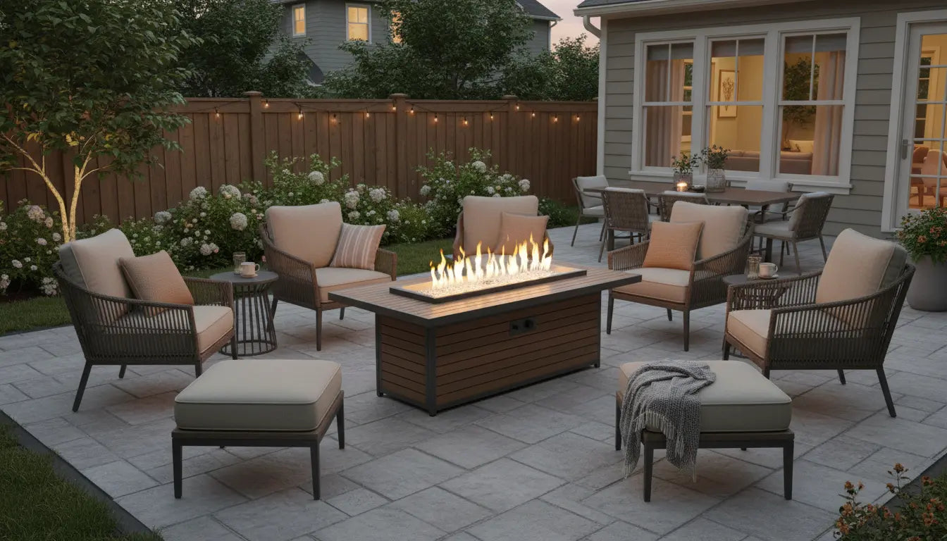 Outdoor GreatRoom Kenwood rectangular gas fire table surrounded by chairs