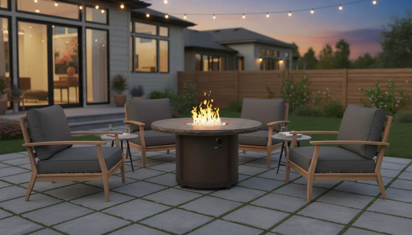 Outdoor GreatRoom Beacon round gas fire table glowing on a patio at dusk