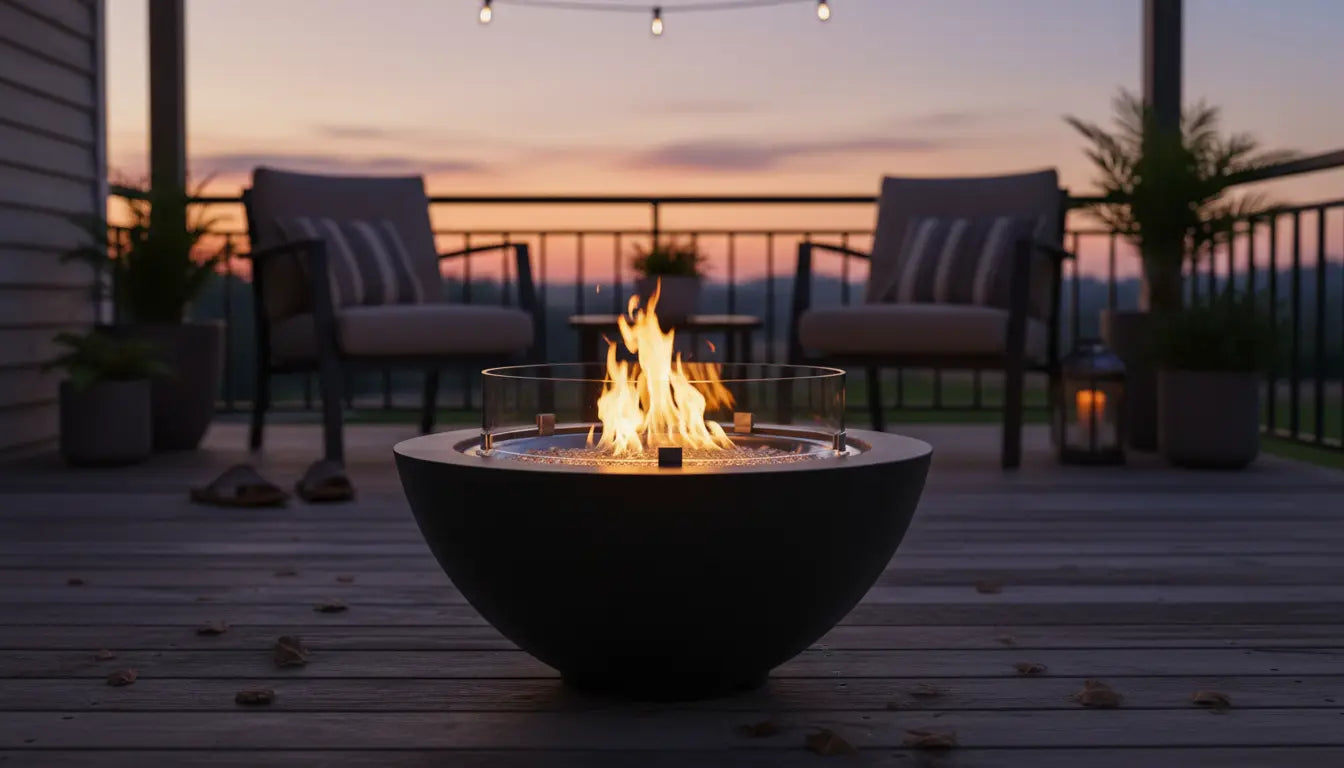 Outdoor GreatRoom concrete fire bowl with fire glass and a glass wind guard