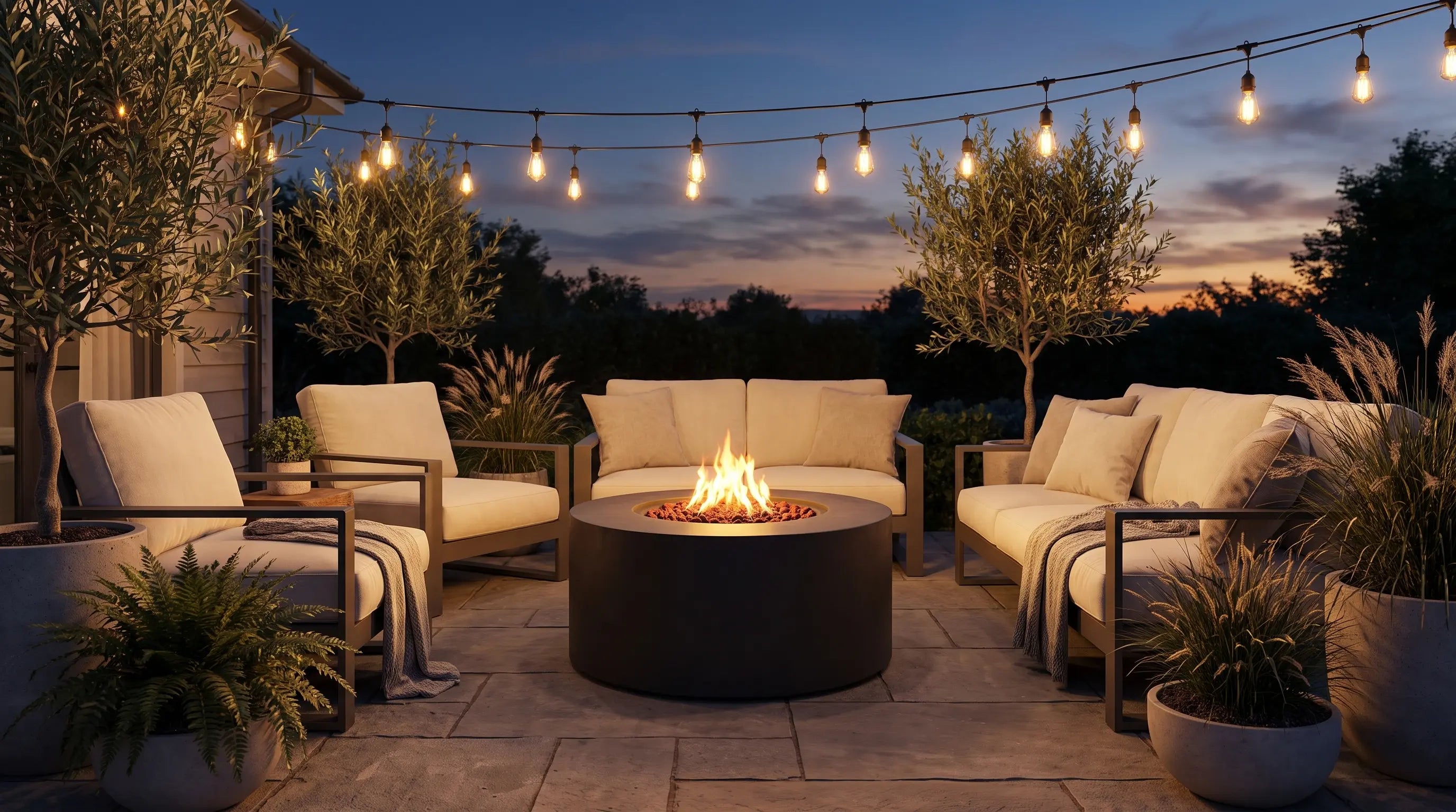 Elementi Pacaya round concrete gas fire table as a patio centerpiece at dusk