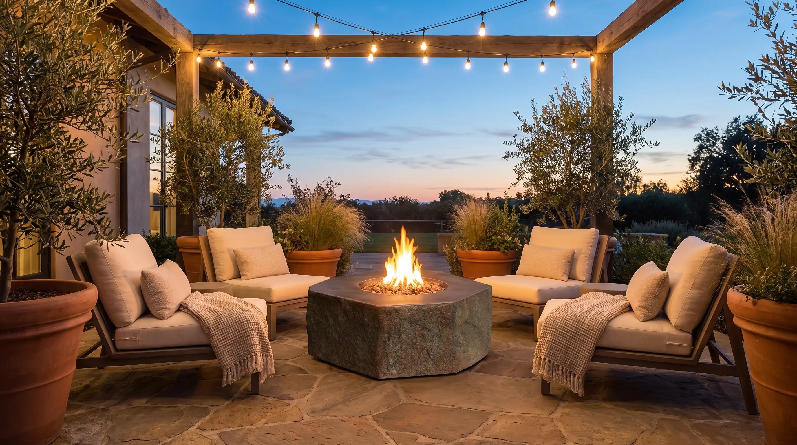 Elementi Columbia round concrete gas fire table on a patio at dusk