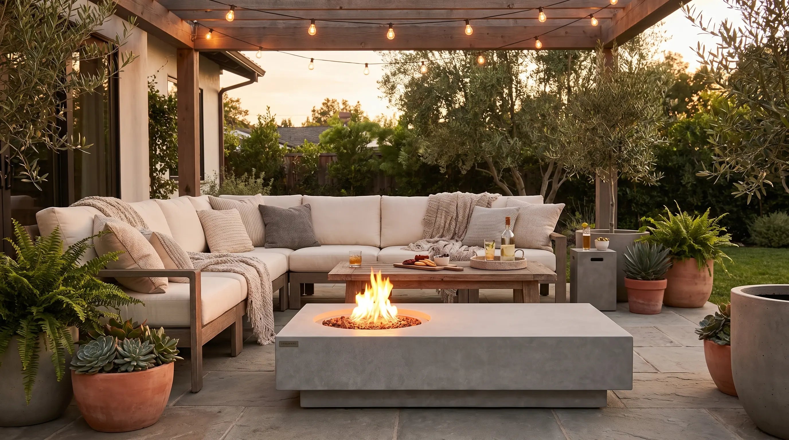 Elementi Metropolis rectangular concrete gas fire table in front of a sectional at dusk