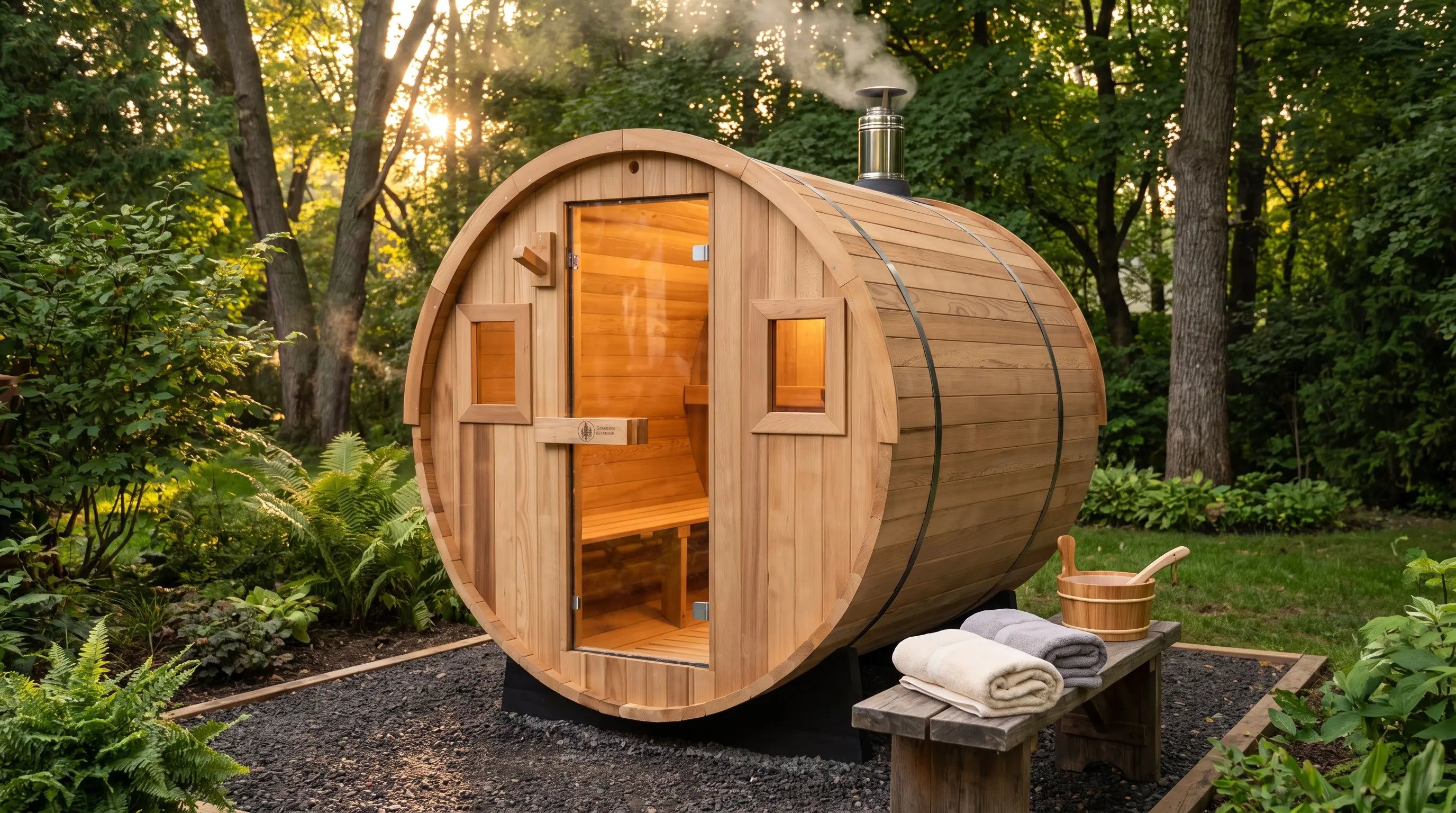 Redwood Outdoors barrel sauna in a lush green backyard at golden hour
