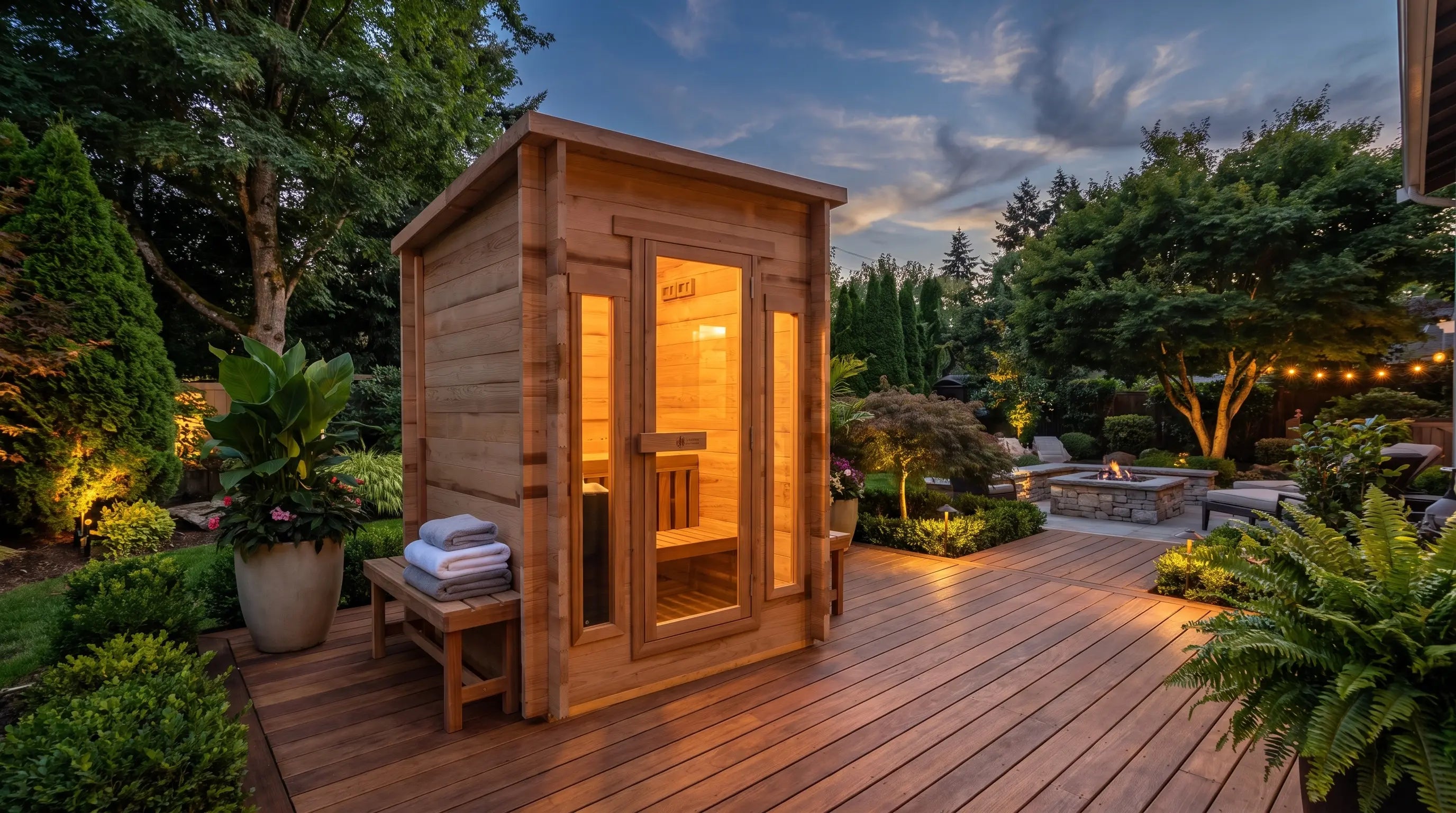 Redwood Outdoors Cabin outdoor sauna in a landscaped backyard at dusk