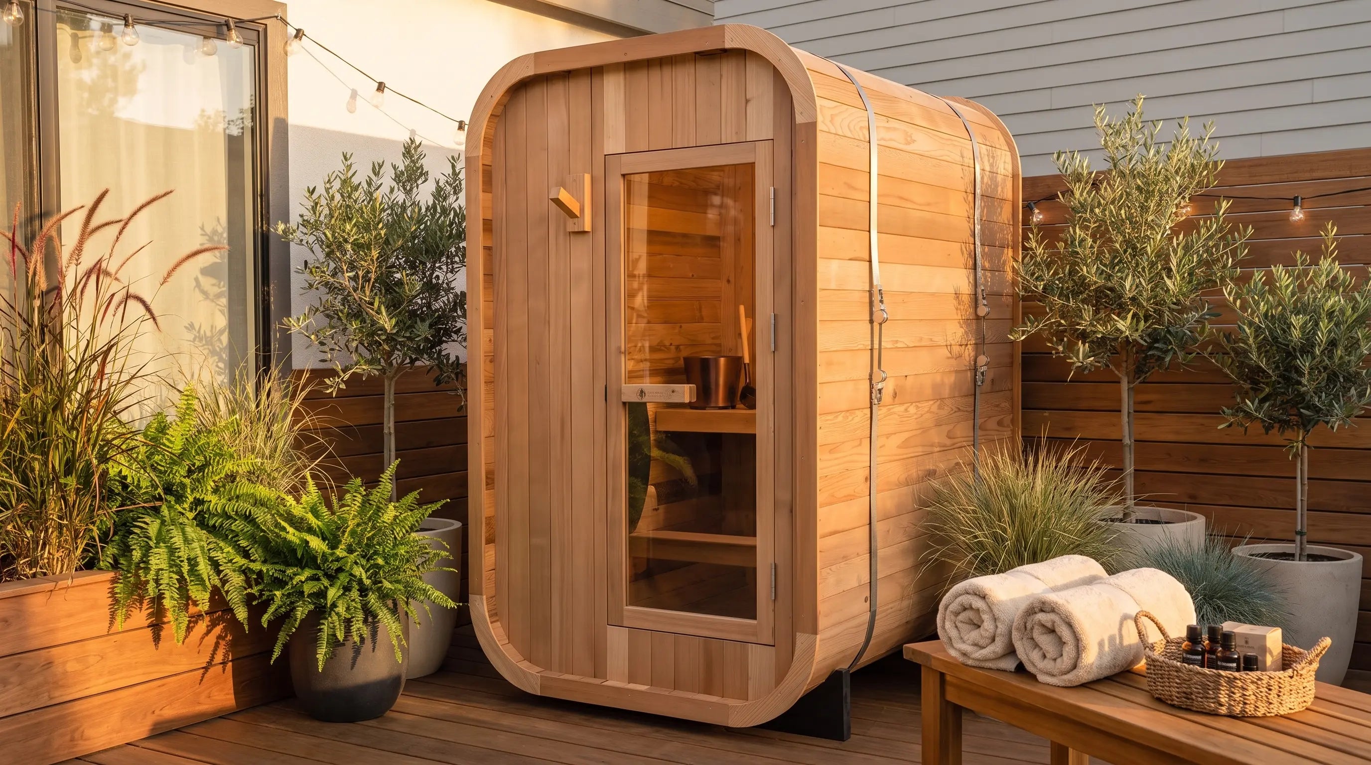 Redwood Outdoors Duo 2-person outdoor sauna on a small backyard deck at golden hour