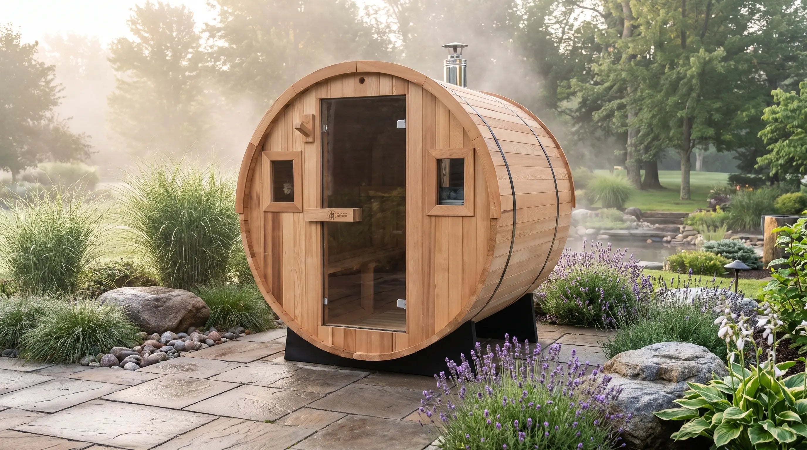 Redwood Outdoors barrel sauna in a serene landscaped backyard in soft morning light