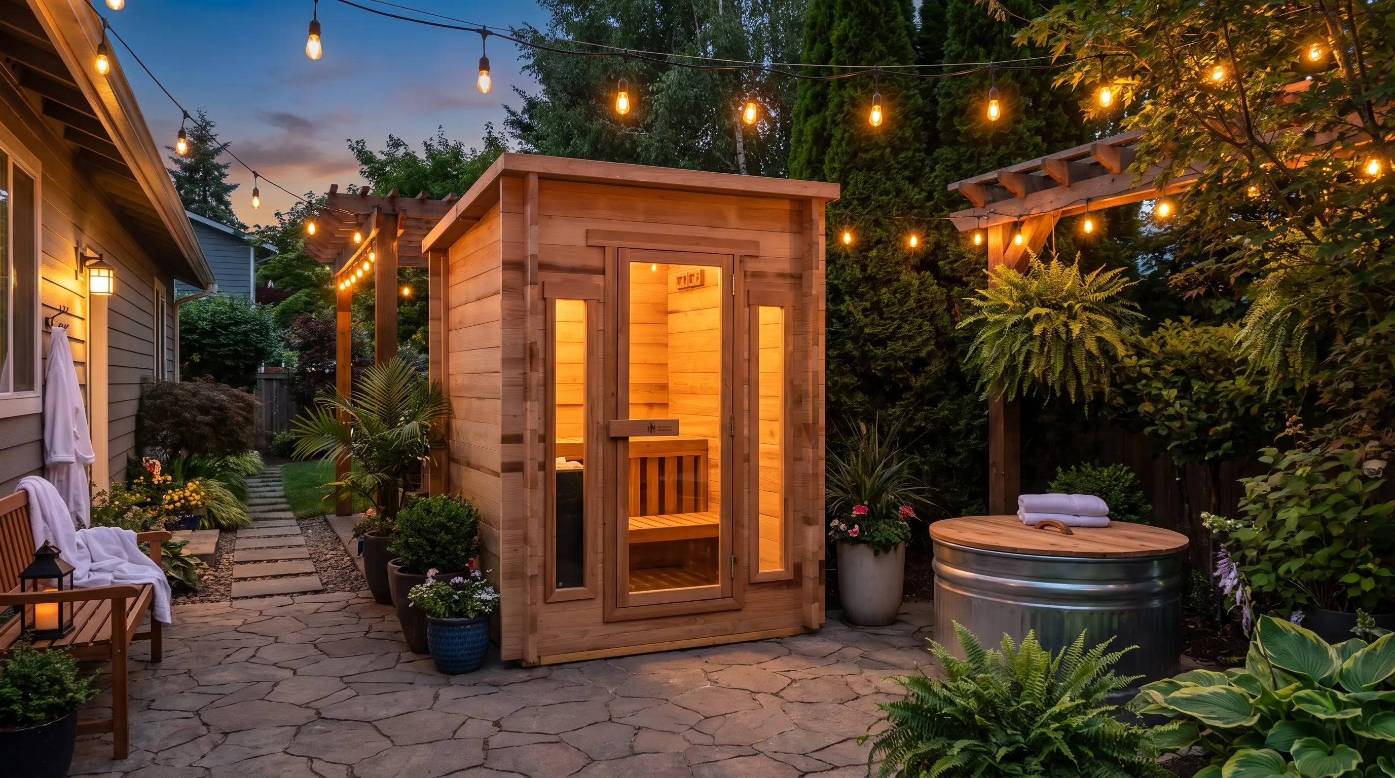 Redwood Outdoors Cabin sauna in a backyard with string lights in the evening