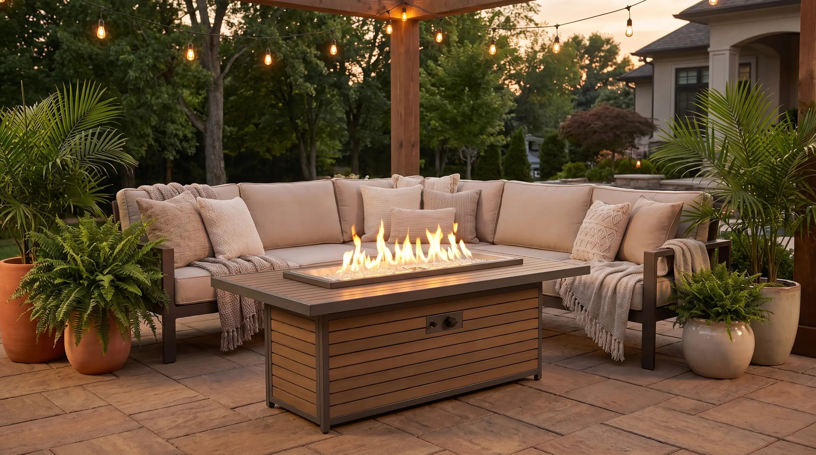 Outdoor GreatRoom Kenwood and Brooks rectangular gas fire table in front of a sectional at dusk