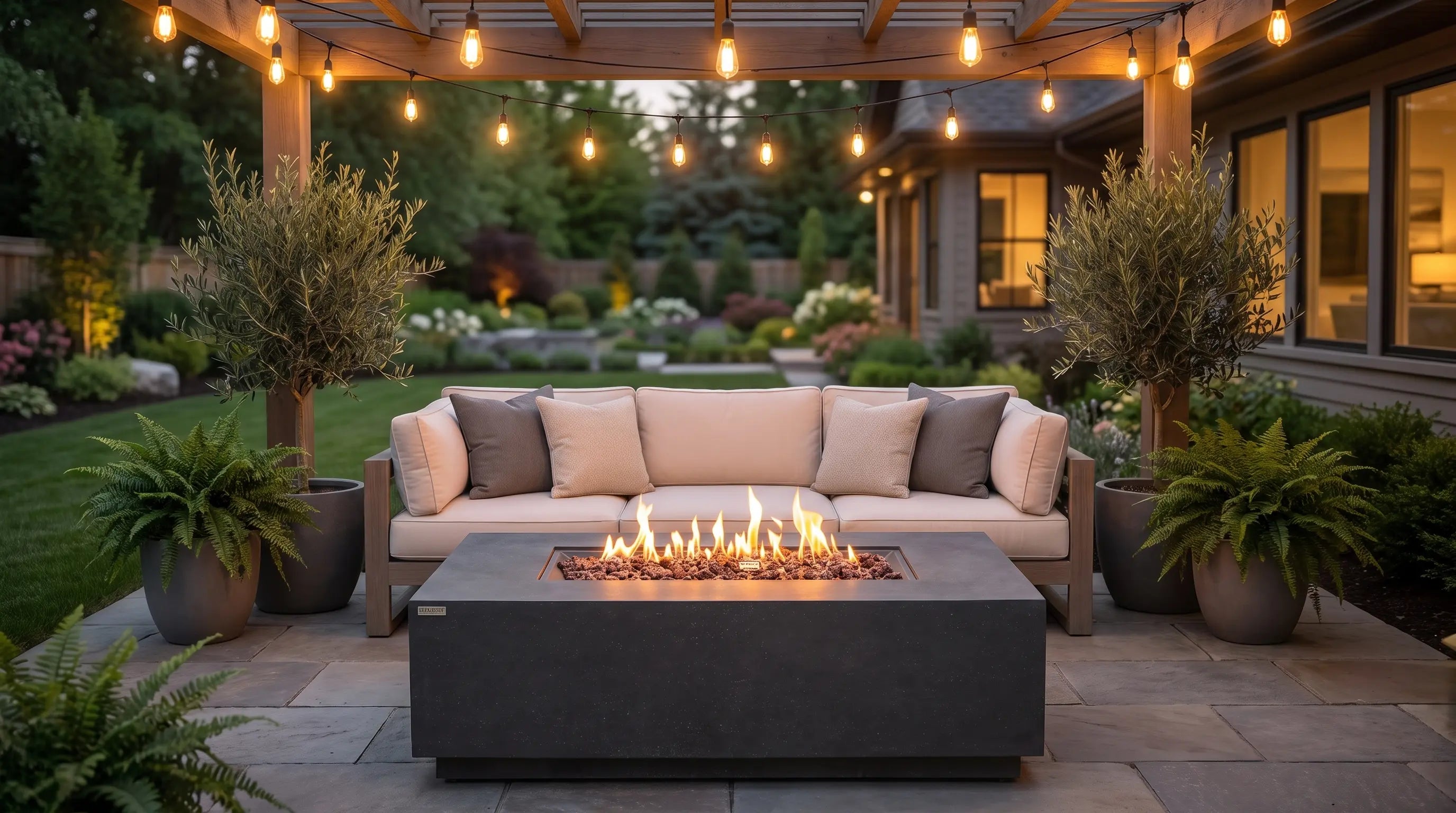 Rectangular concrete propane fire pit table with hidden tank on a patio at dusk