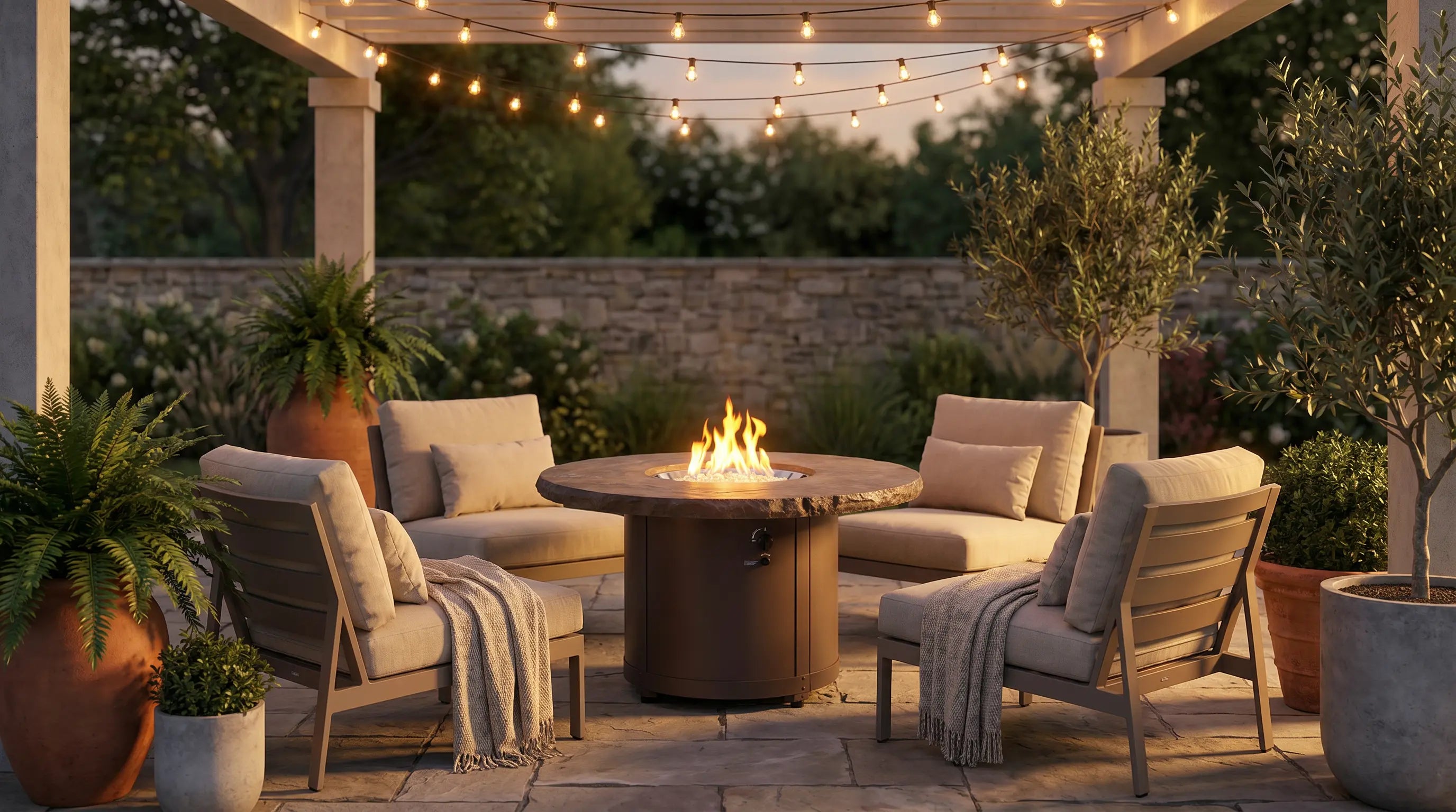 Outdoor GreatRoom Beacon round gas fire table as a patio centerpiece at dusk