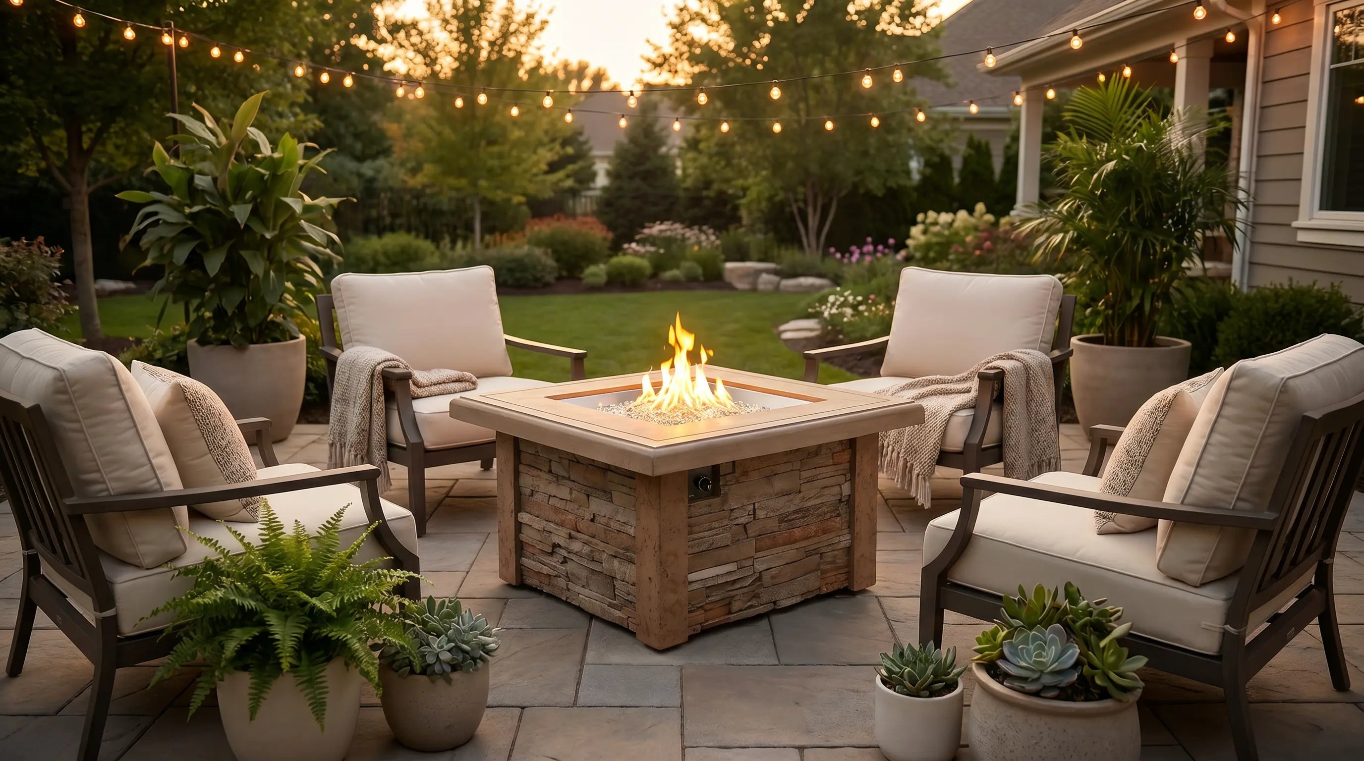 Outdoor GreatRoom Sierra square gas fire table among lounge chairs at dusk