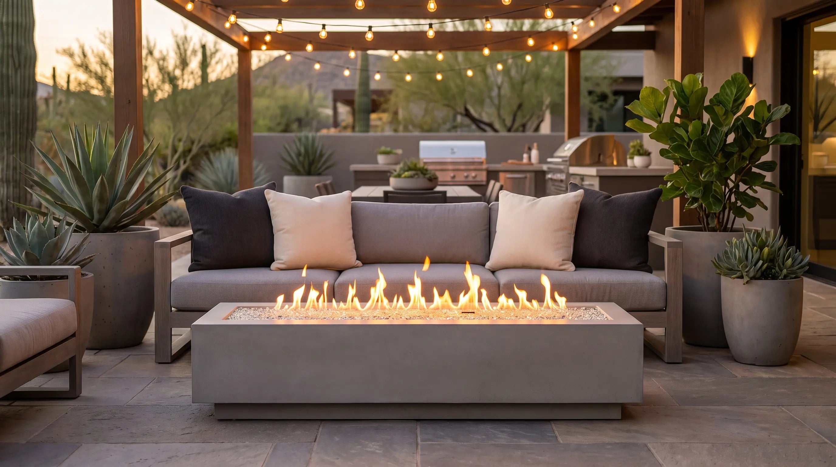 Outdoor GreatRoom Cove 72 linear concrete gas fire table on a modern patio at dusk