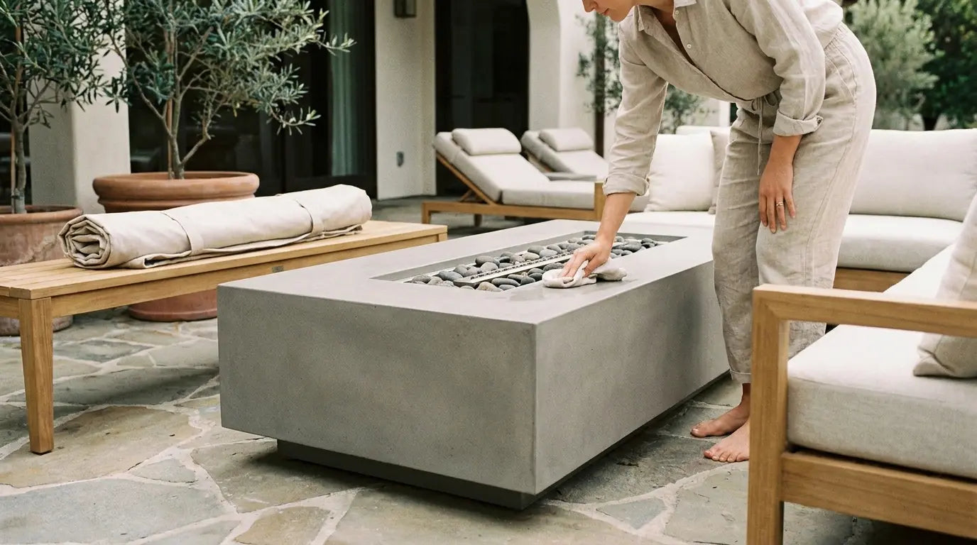 Wiping down a clean concrete gas fire pit table on a patio
