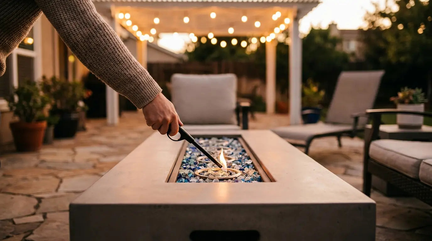 Lighting a match-lit gas fire pit table with a long lighter held at the burner over fire glass
