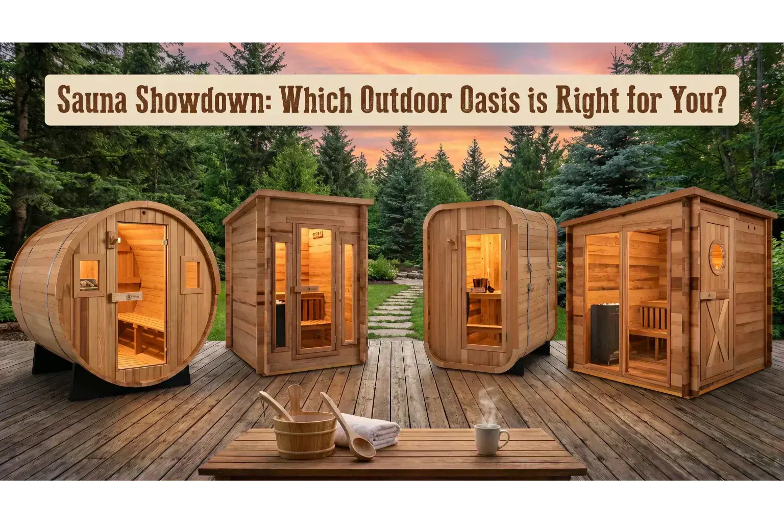 Four Redwood Outdoors saunas on a backyard deck — barrel, cabin, and modern models compared