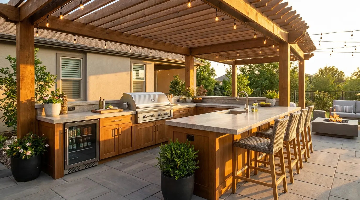 L-shaped outdoor kitchen island at golden hour with a built-in grill, prep counter, bar seating, and cabinets