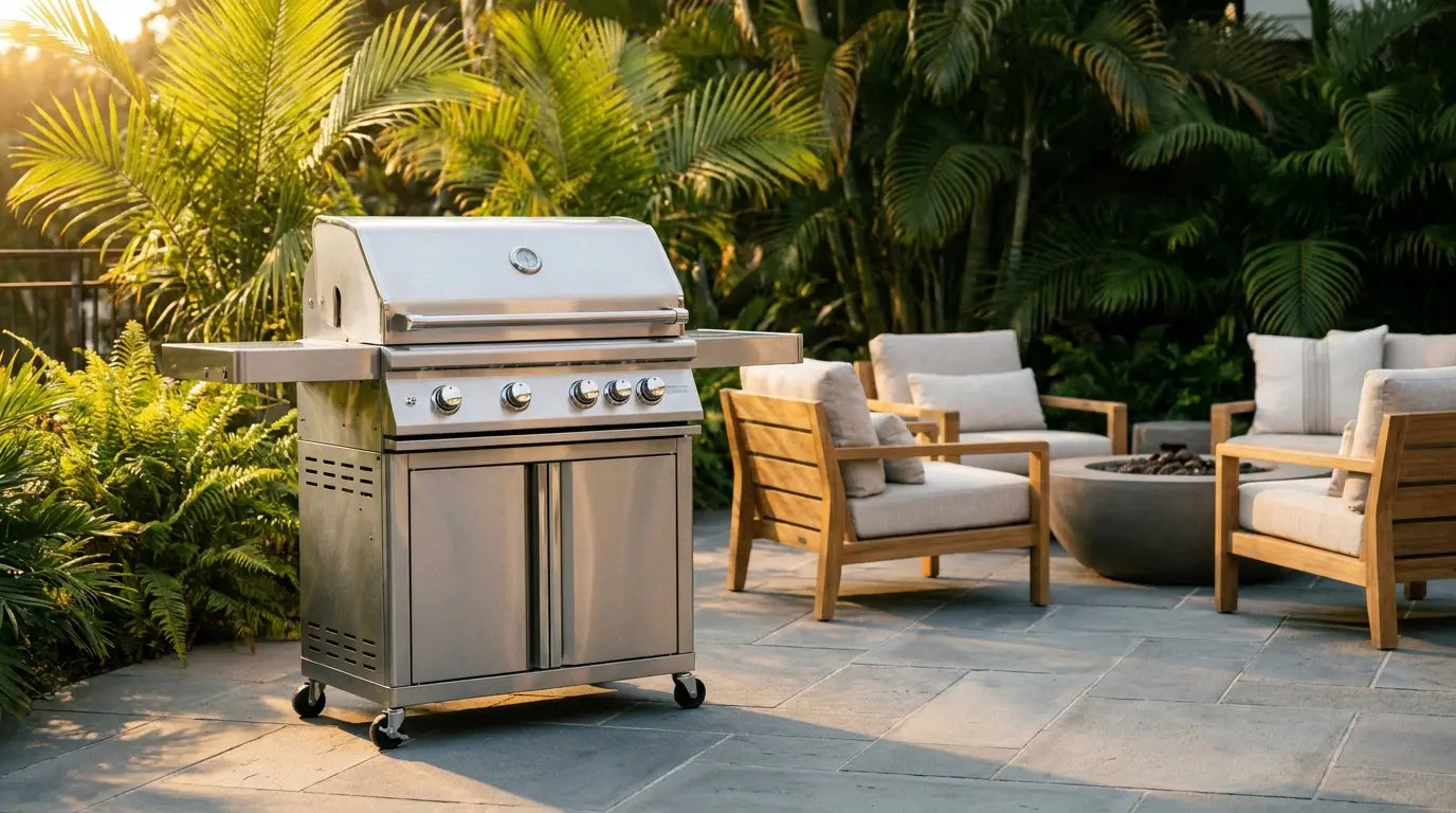 Premium freestanding gas grill on a cart on a modern backyard patio at golden hour