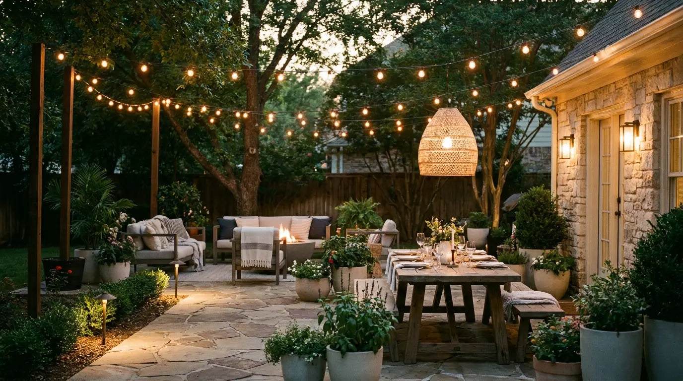 Backyard patio at dusk with layered lighting: string lights, a pendant over the table, wall sconces, and path lights