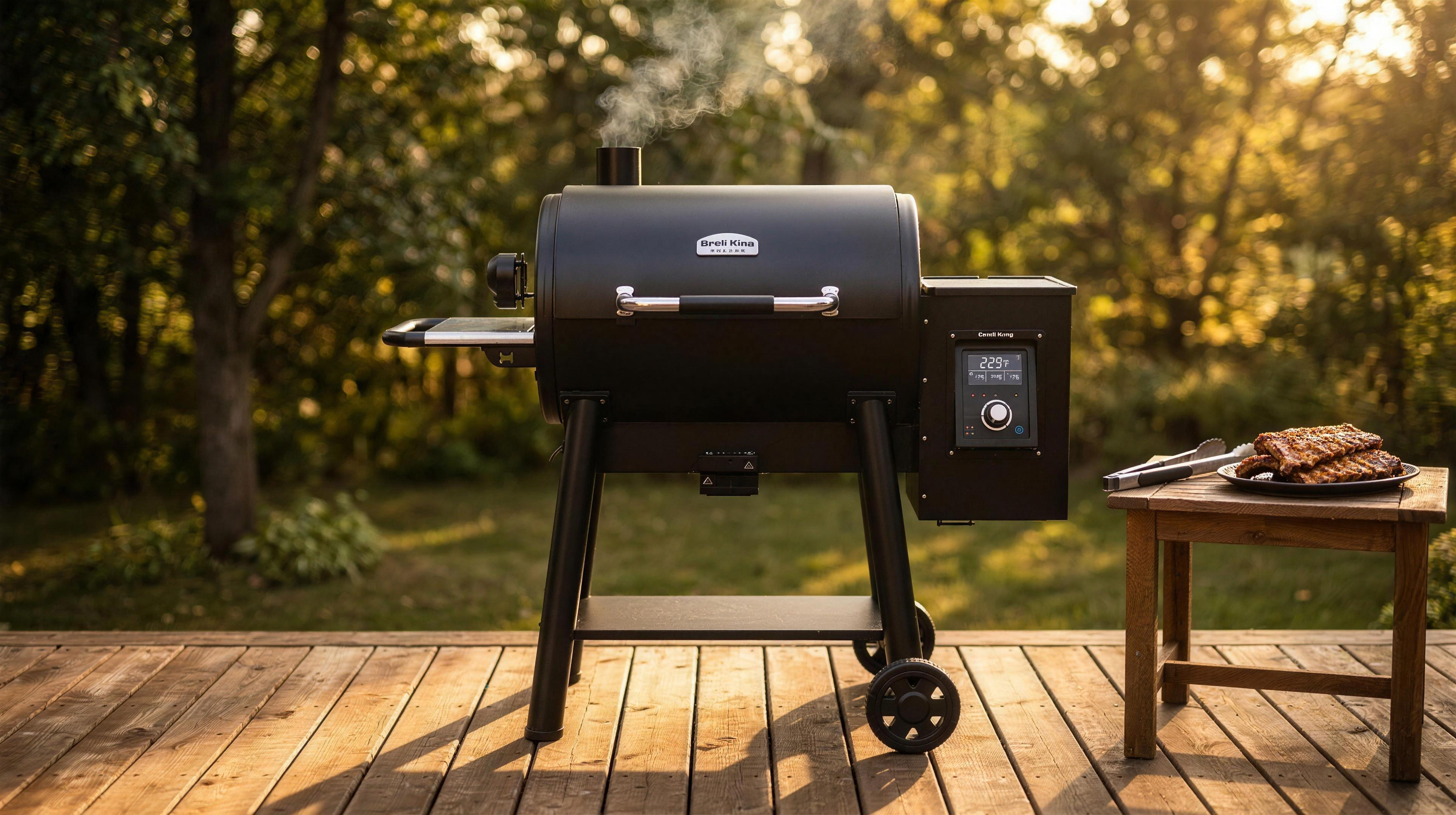 Broil King Regal 500 Pro pellet grill smoking on a wooden backyard deck at golden hour
