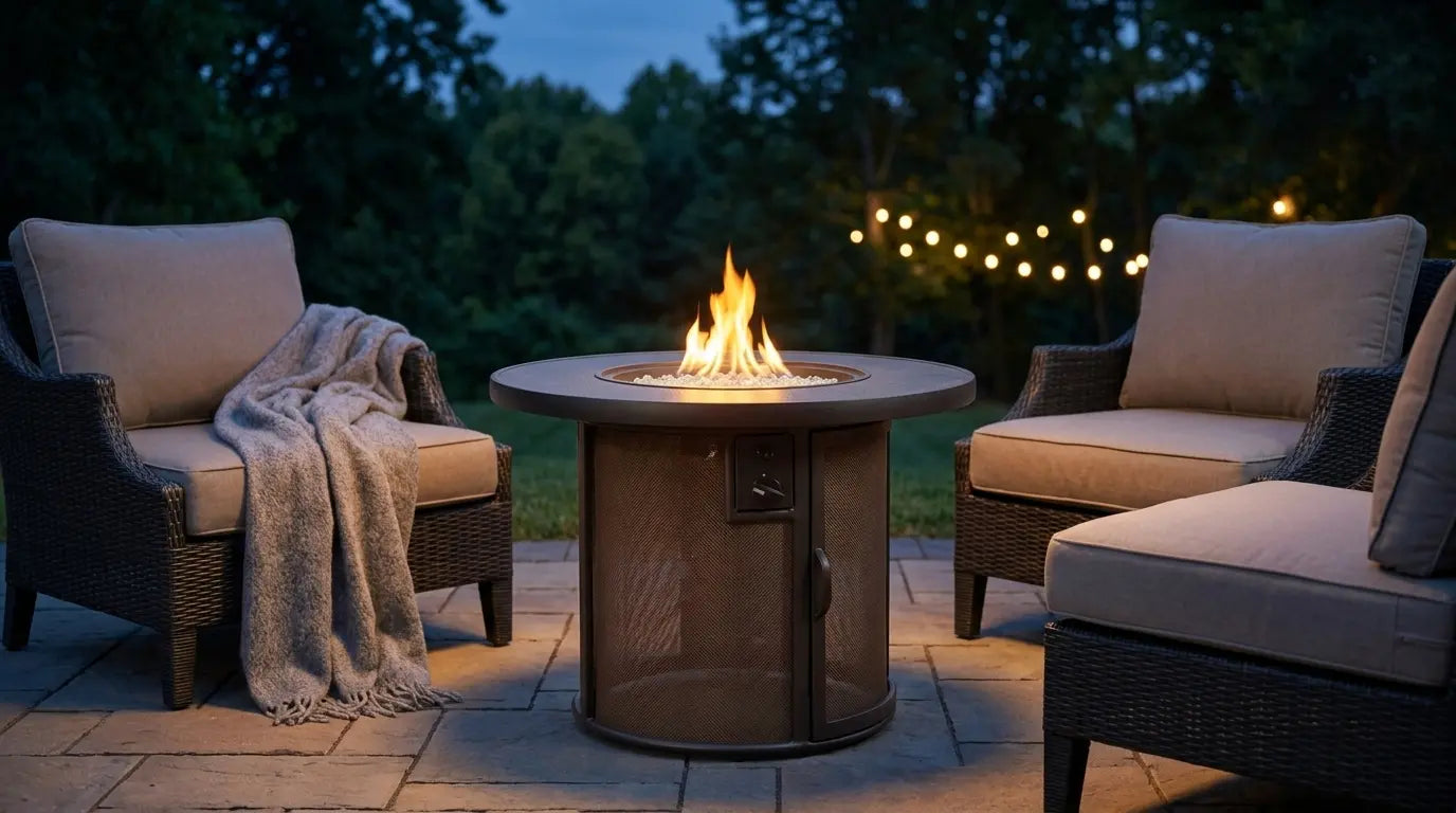 Stonefire 32 inch round gas fire pit table burning on a bluestone patio at dusk