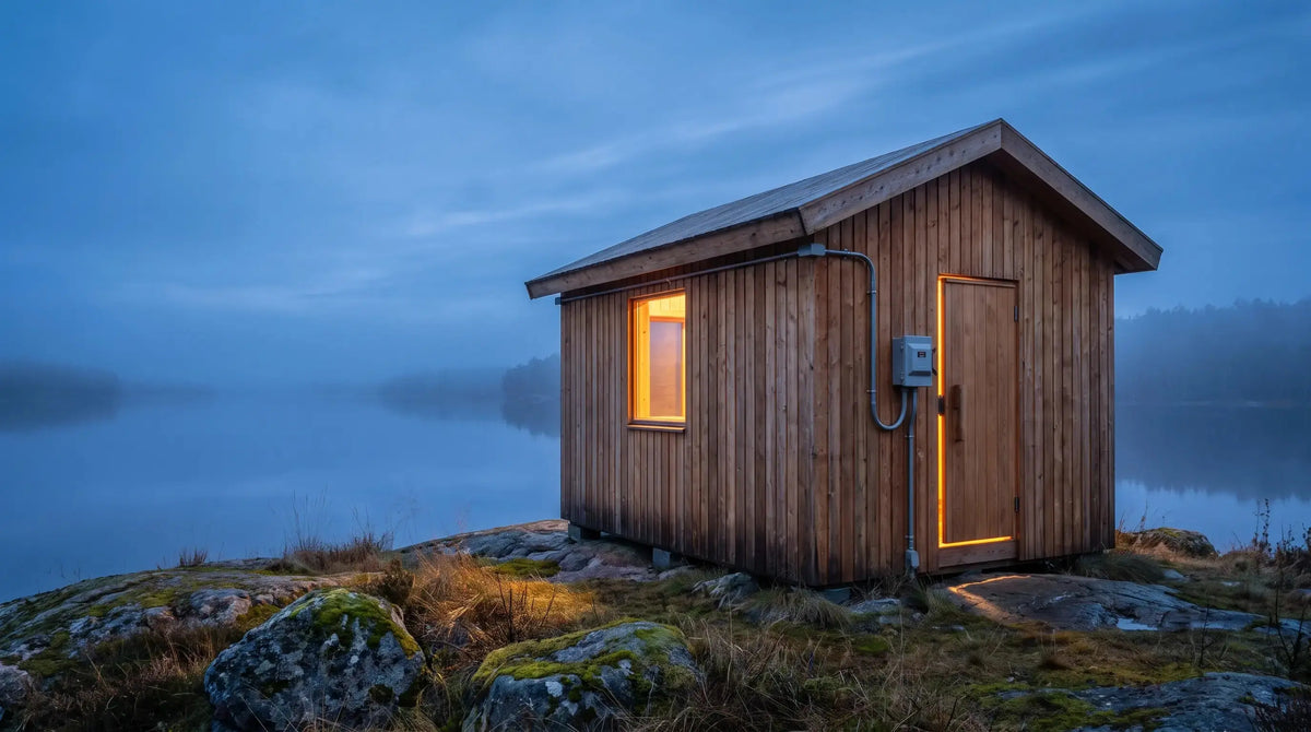 Modern cedar sauna cabin at blue hour with a weatherproof electrical disconnect box and conduit mounted beside the door