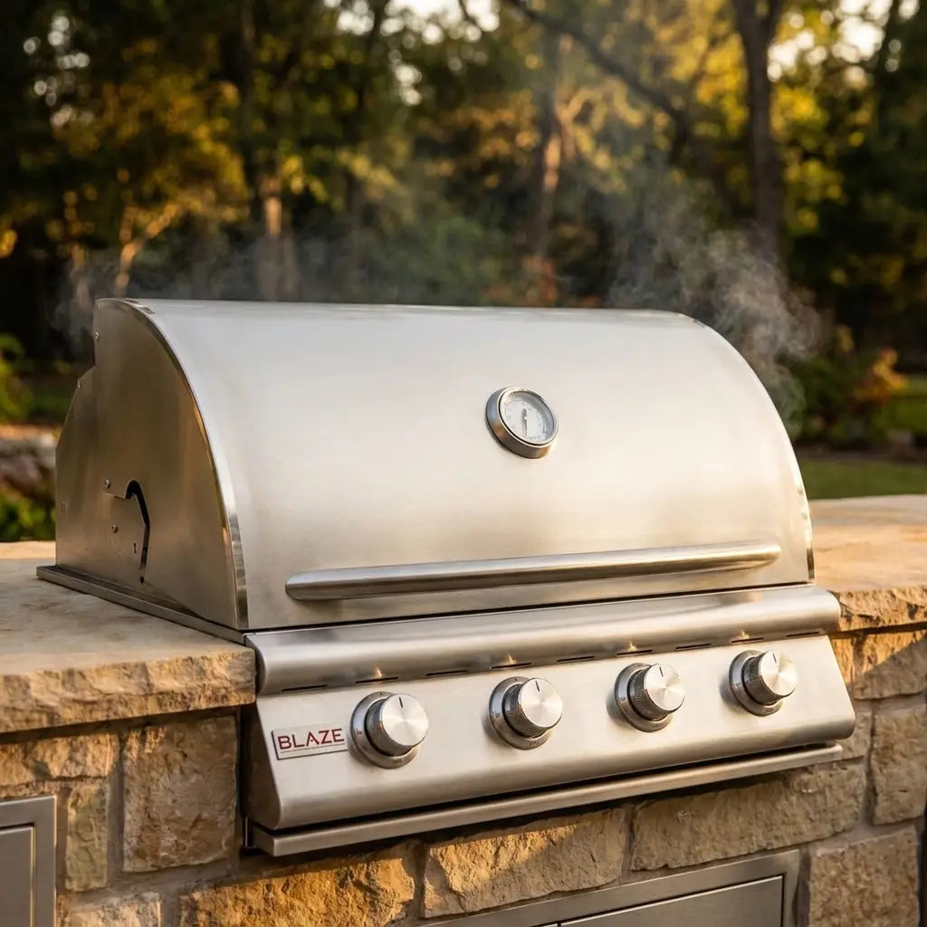 Blaze built-in gas grill installed in a stone outdoor kitchen island at golden hour