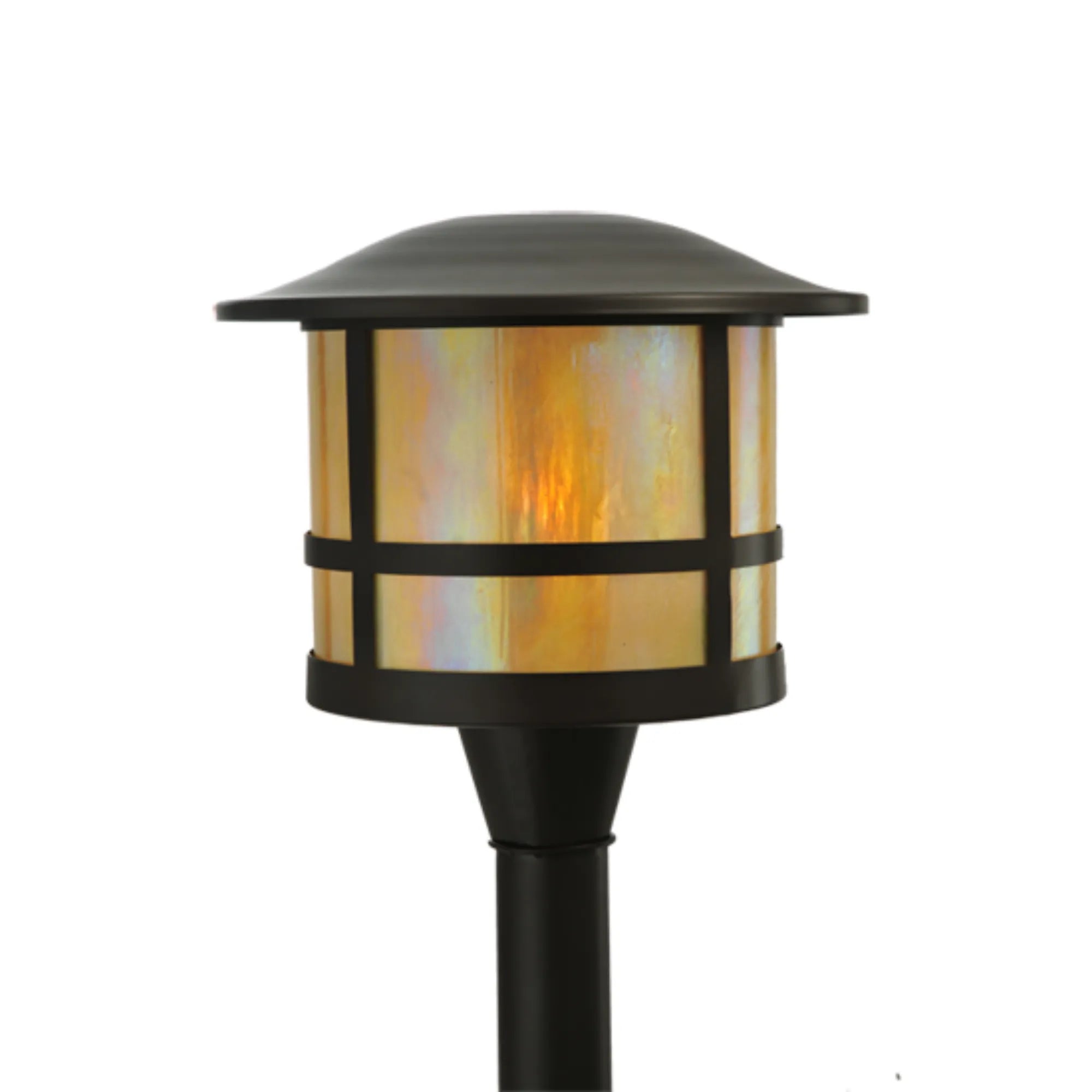 16"W Thomas Post Mount – Timeless Bronze – Beige Iridescent Glass – Damp-Rated – Meyda Lighting