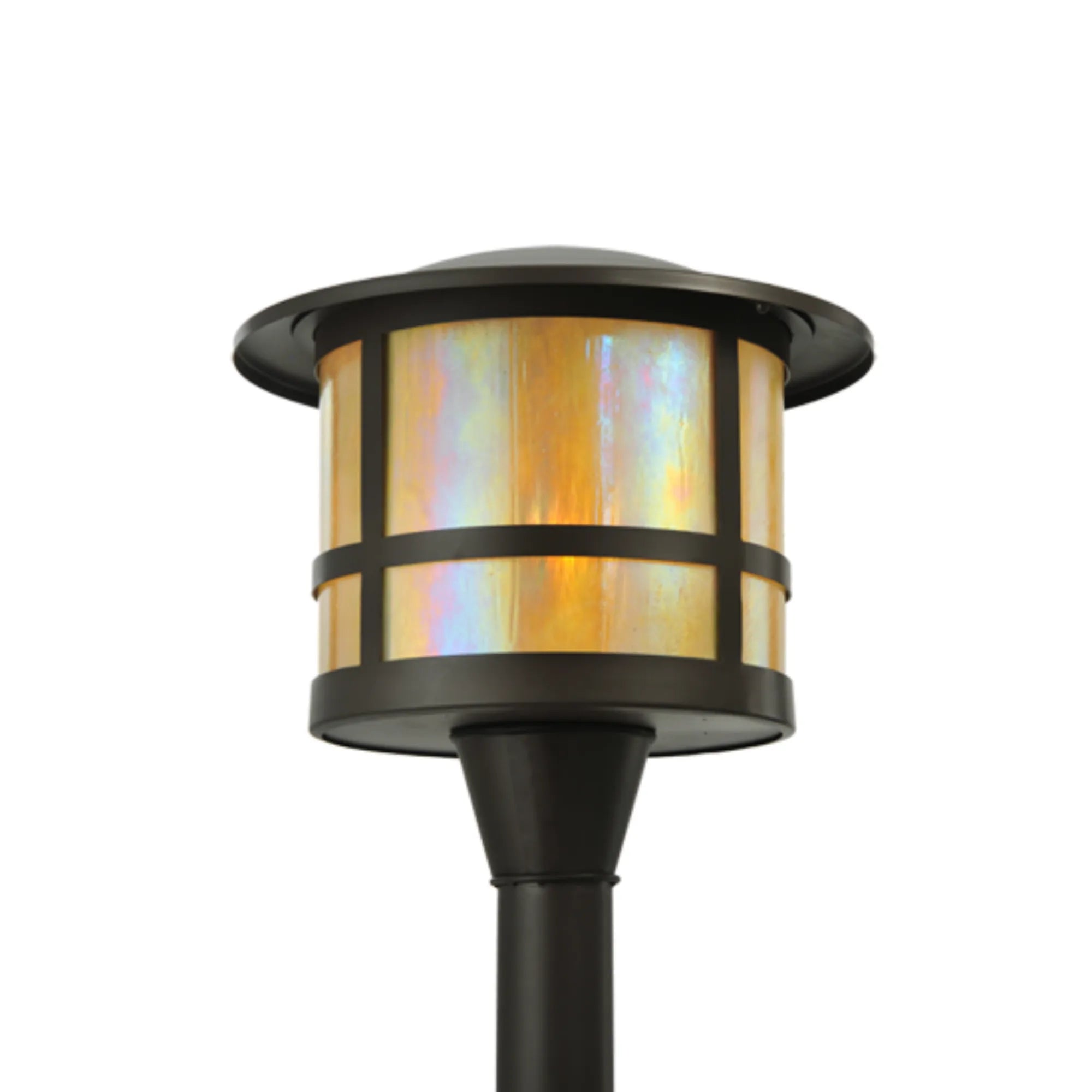 16"W Thomas Post Mount – Timeless Bronze – Beige Iridescent Glass – Damp-Rated – Meyda Lighting