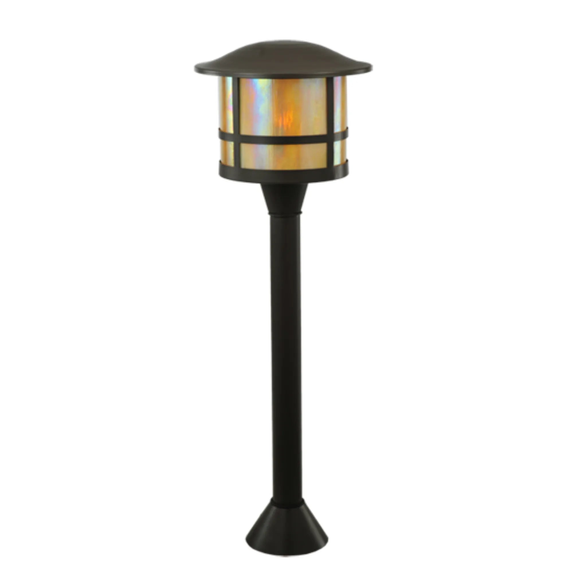 16"W Thomas Post Mount – Timeless Bronze – Beige Iridescent Glass – Damp-Rated – Meyda Lighting