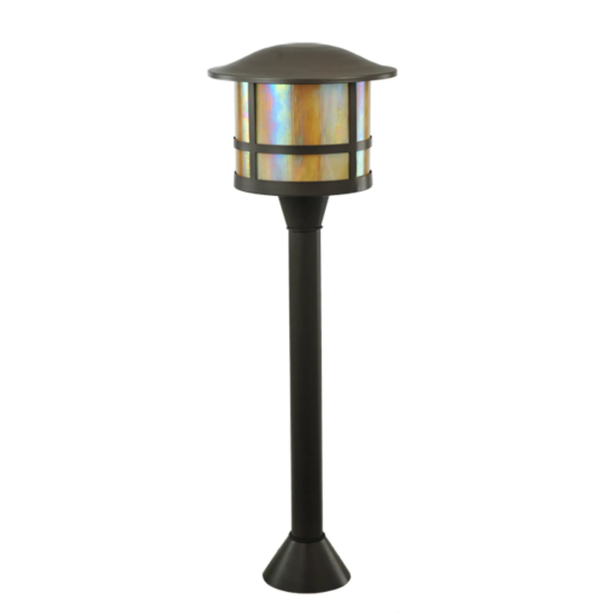 16"W Thomas Post Mount – Timeless Bronze – Beige Iridescent Glass – Damp-Rated – Meyda Lighting