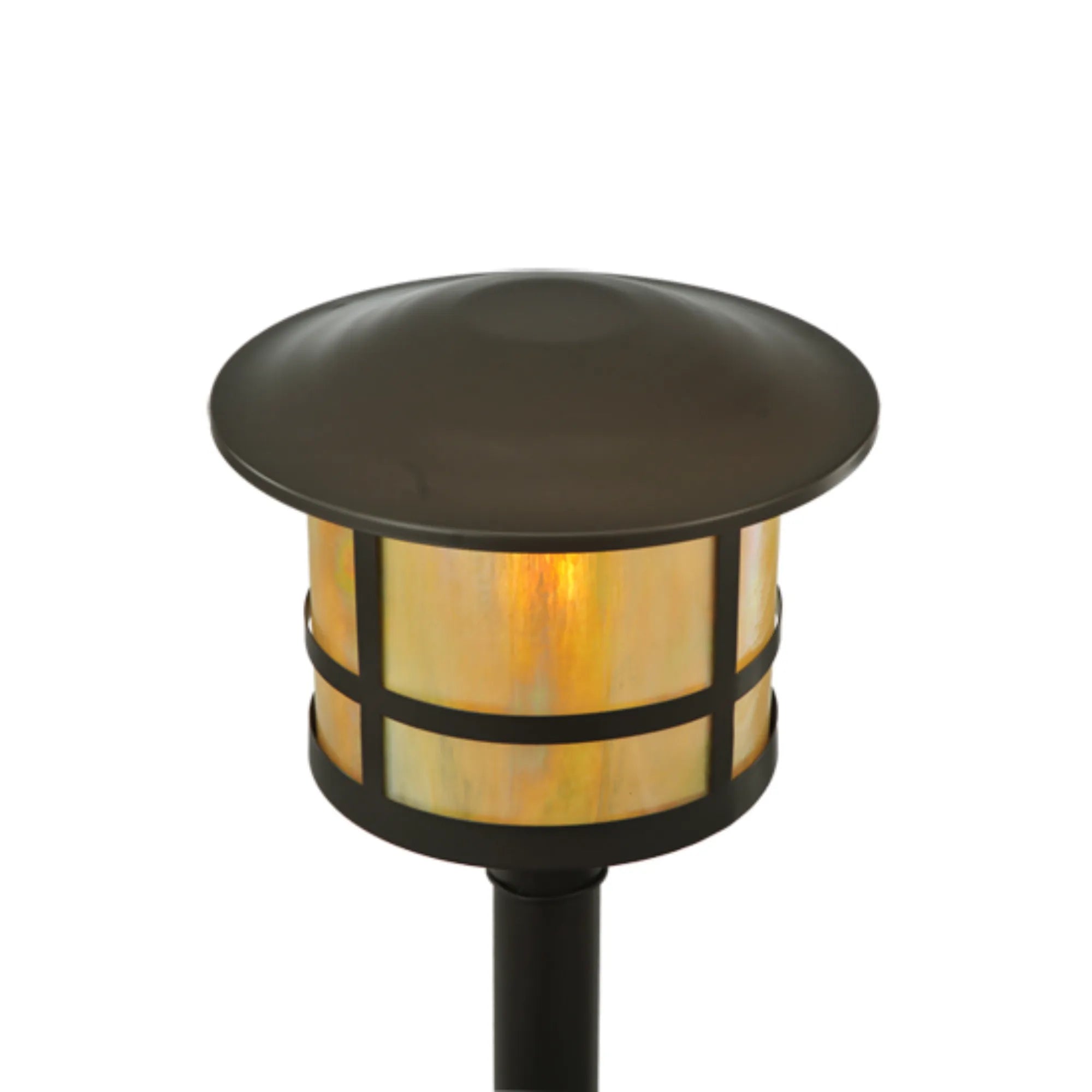 16"W Thomas Post Mount – Timeless Bronze – Beige Iridescent Glass – Damp-Rated – Meyda Lighting