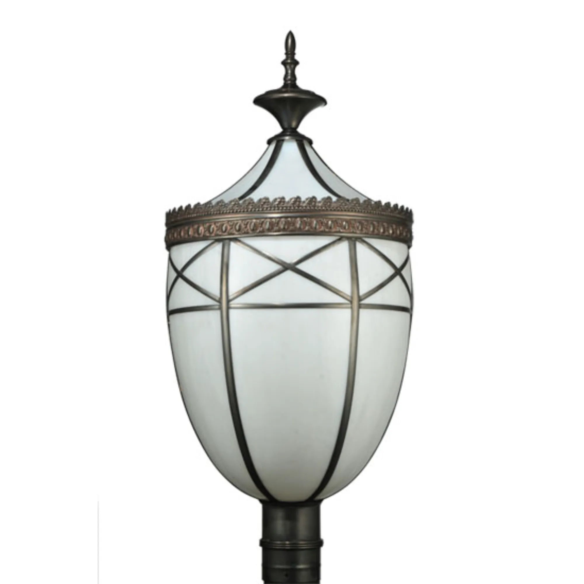 14" Wide Borough Hall Post Mount – Craftsman Brown – White Art Glass – Wet-Rated – Meyda Lighting
